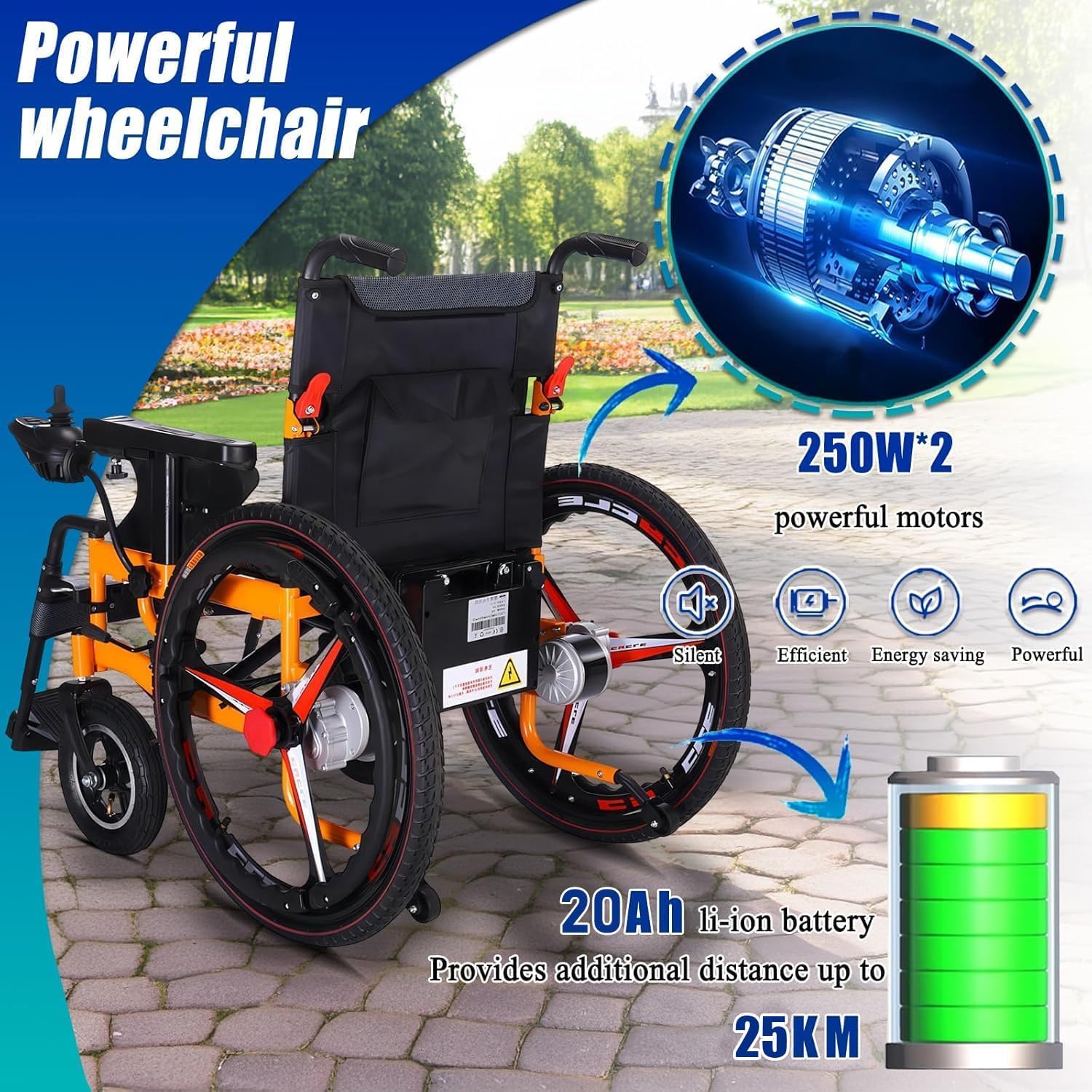 Silla Ruedas Motorizada, Motor 500 W, Autonomía de 35 km, Capacidad 150 kg | Silla de Ruedas Eléctrica Plegable, Batería Extraíble 20 Ah, Sistema de Absorción de Impactos, Todo Terreno