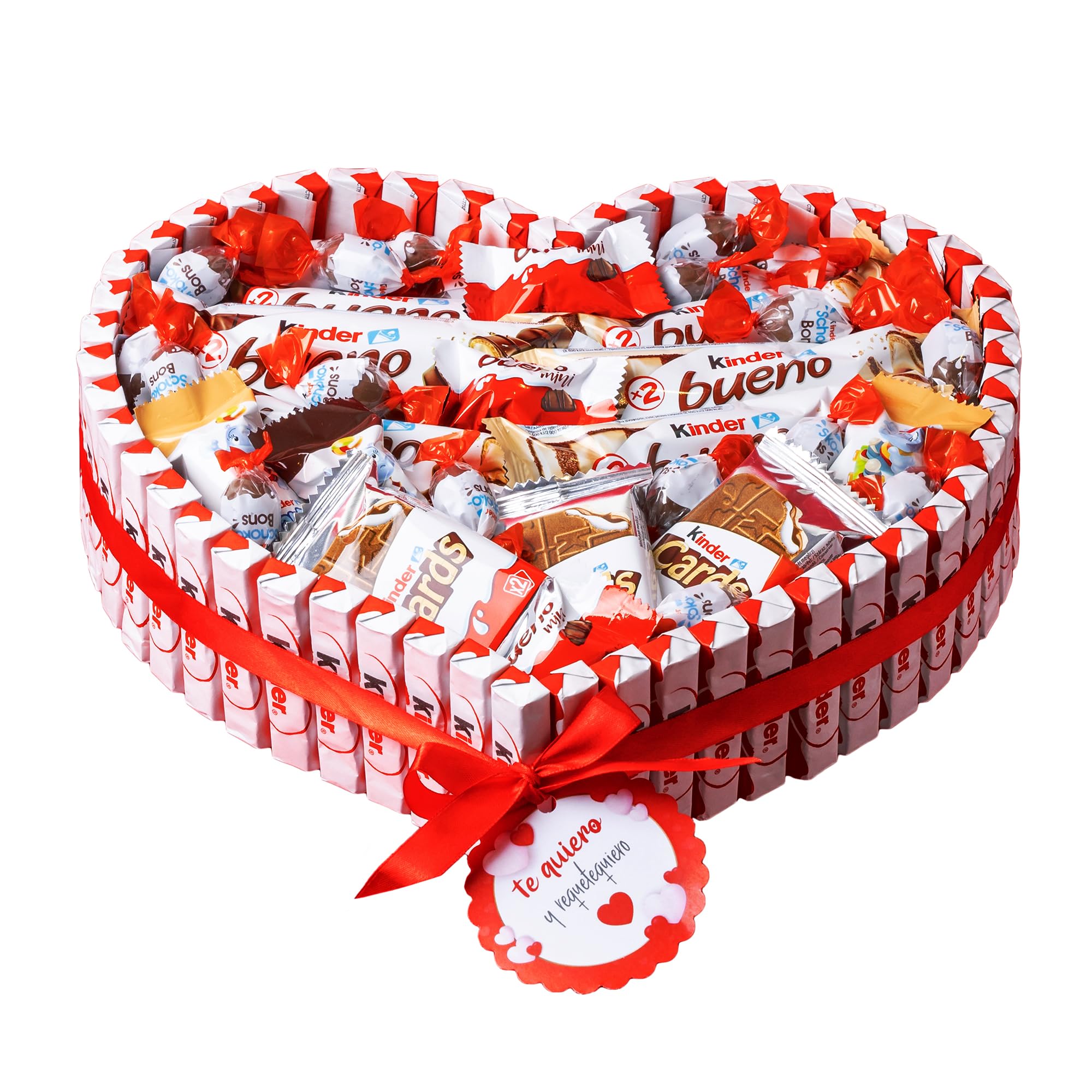 Onza. Cesta regalo de dulces Kinder Bueno. Tarta de chocolates originales para regalar que contiene Kinder bueno, Chocobons, Kinder happy hippo, Kinder chocolate