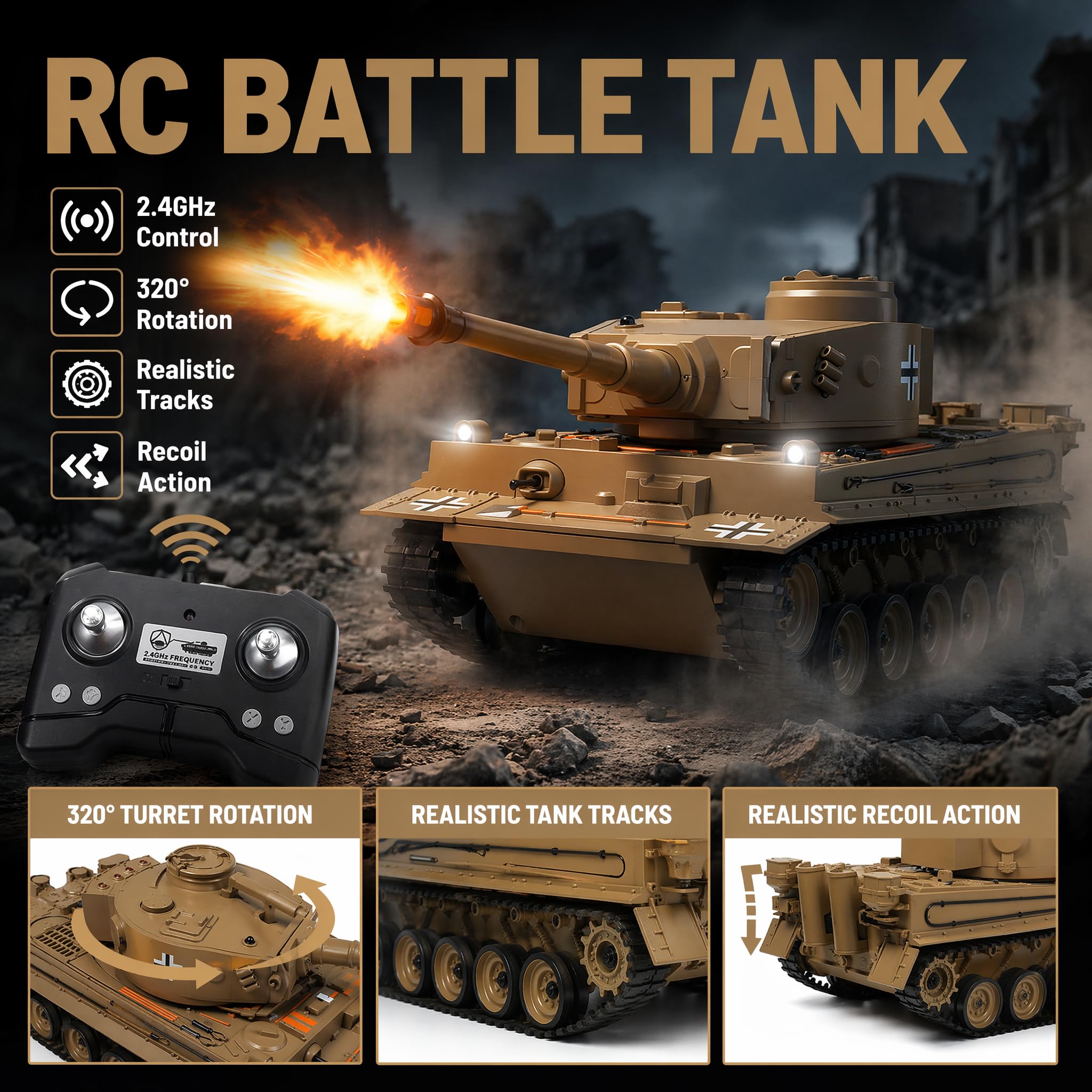 Tanque RC Tiger WWII 1:22 – Infrarrojos Disparo Agua Humo Sonido LED 2.4GHz | Tanque Teledirigido Militar Juguete Regalo Niño 8 Años Combate