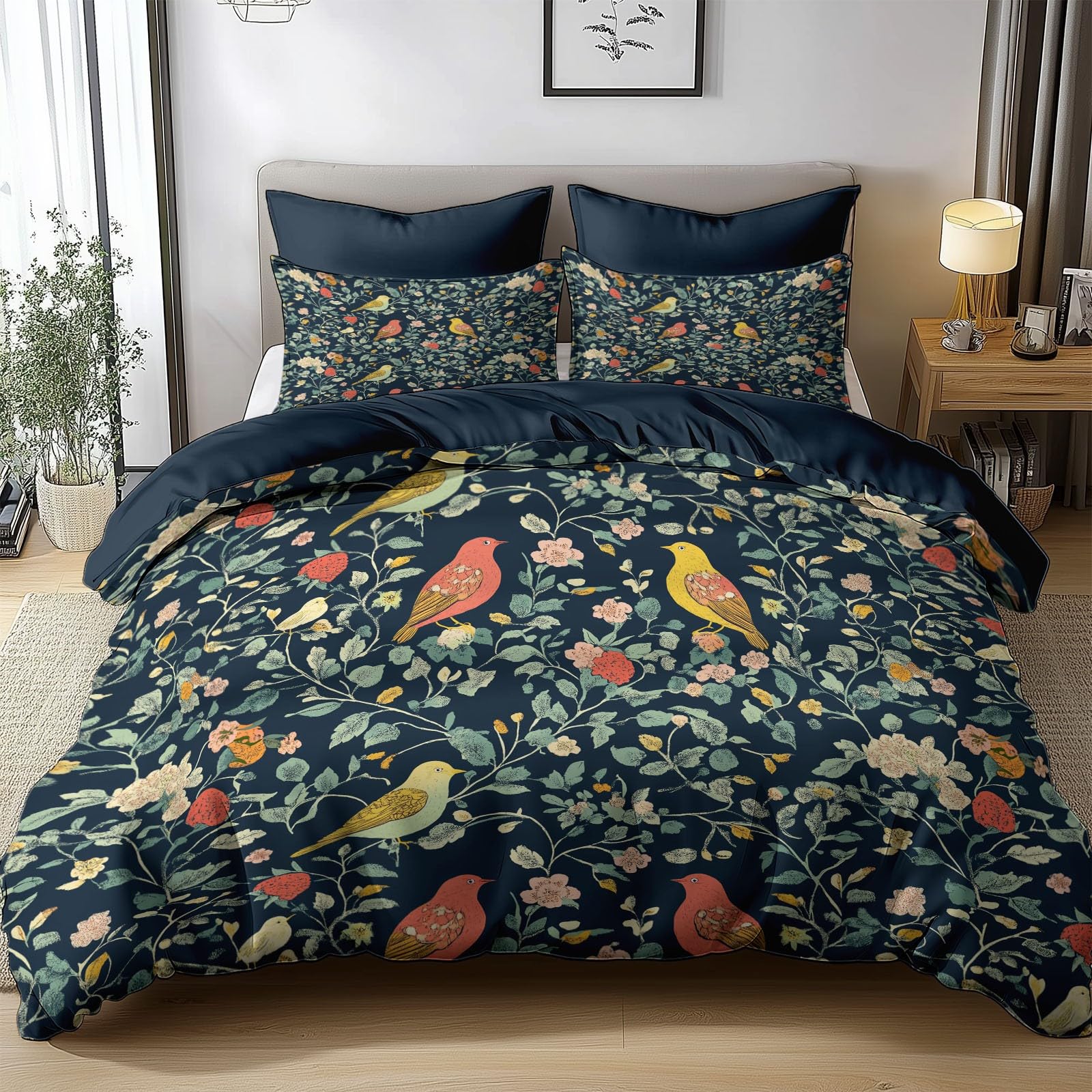 3D Reversible Duvet Cover Set William Morris Birds Strawberries Printed Bedding Dark Blue Duvet Cover 3 Pcs Zipper Bedding Set 135x200cm Soft Hypoallergenic Microfiber Quilt Cover for Kids Adults