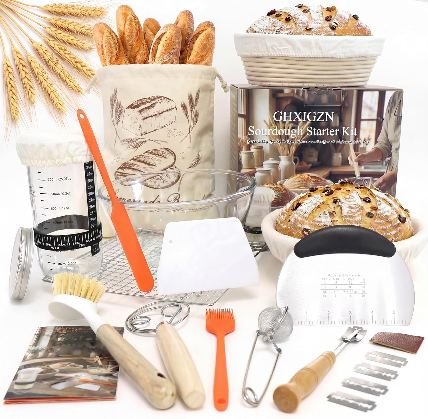 Complete Sourdough Starter Kit with 9" Round & 10" Oval Indonesian Rattan Proofing Baskets, Glass Mixing Bowl, Fermentation Cup, Bread Lame, Storage Bag, and other Tools for Homemade Bread Baking