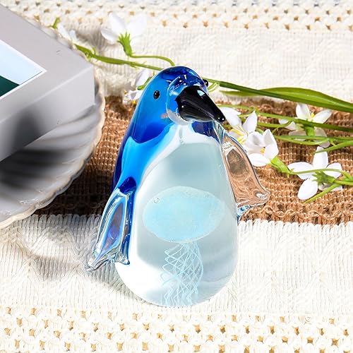 Miniatura 3 de Figura de pingüino de cristal azul soplado a mano con medusas, escultura de animales de cristal, coleccionable, decoración de mesa para el hogar,