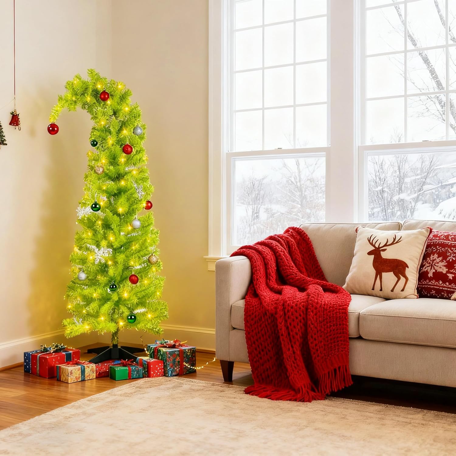 5ft Artificial Christmas Tree, Grinch Tree Halloween Tree Decorations Whimsical Green with 150 LED Warm White Lights & Colorful Balls, 8 Lighting Modes Bendable Fake Pine Tree with Base