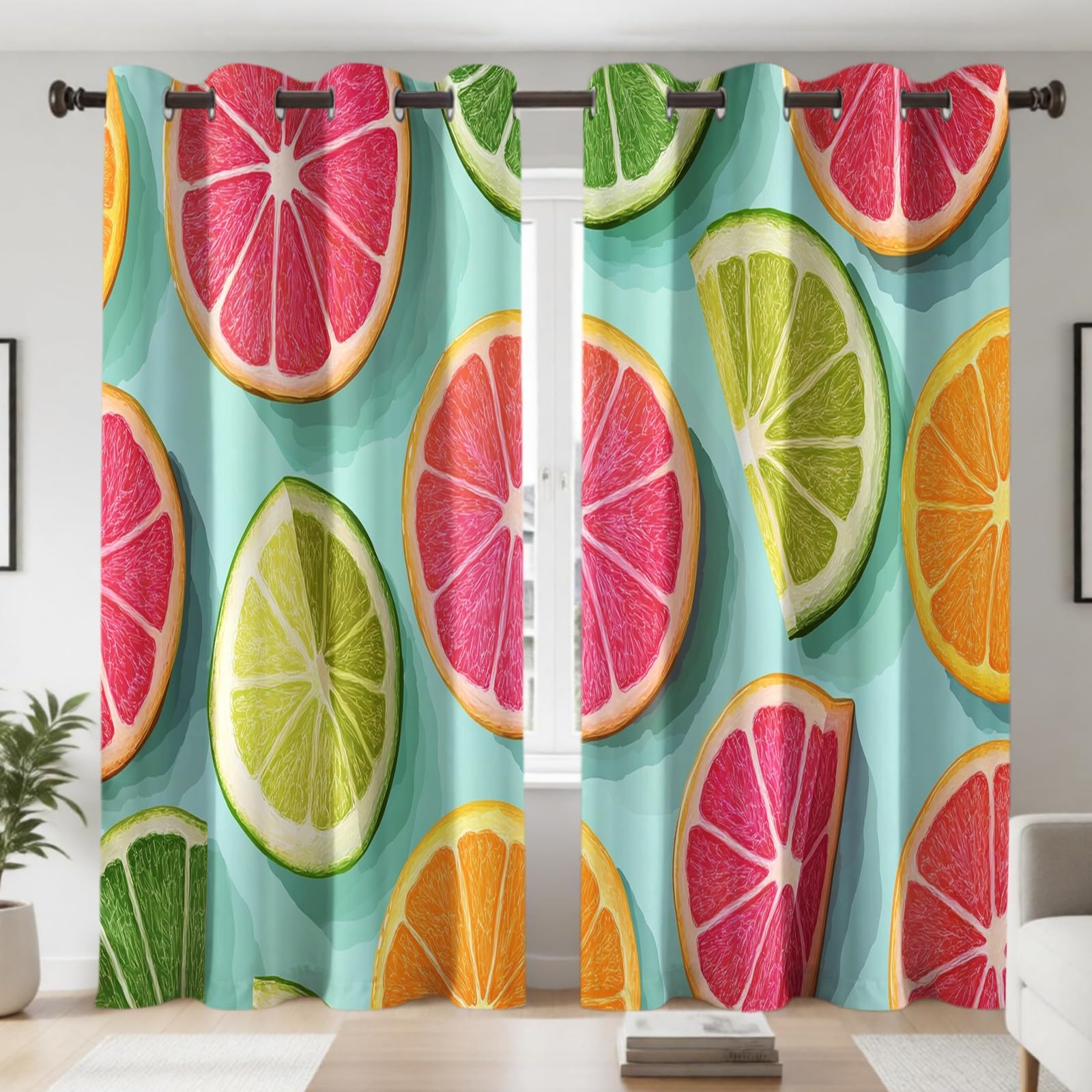 Rideaux Occultants Opaques Thermiques à Œillets Lot de 2, Citron tranché pour Fenêtre et Porte, 132L X 210H cm