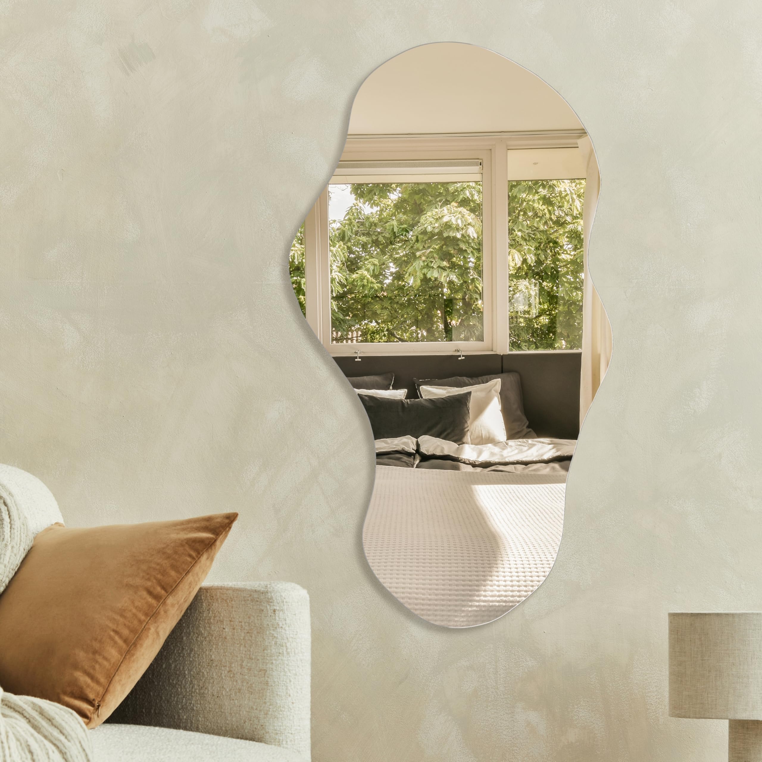 PERFNIQUE Asymmetrischer Spiegel 109 x 61 cm, Unregelmäßiger Wandspiegel, Großes Modernes Dekorativ für Wohnzimmer, Badezimmer, Schlafzimmer, Eingangsbereich, Wolkenspiegel, Rahmenloser