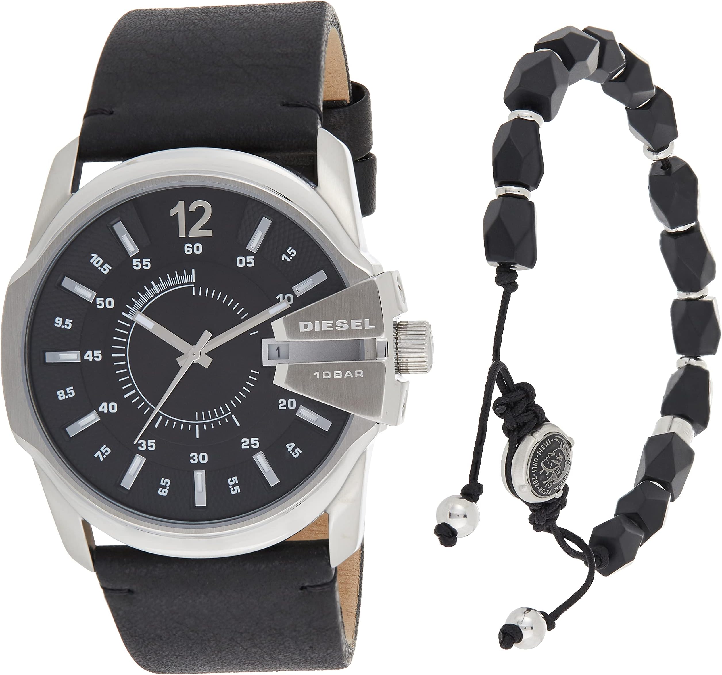 DieselMens Master Chief Three Hands 46mm Case Stainless Steel Watch with Leather Strap