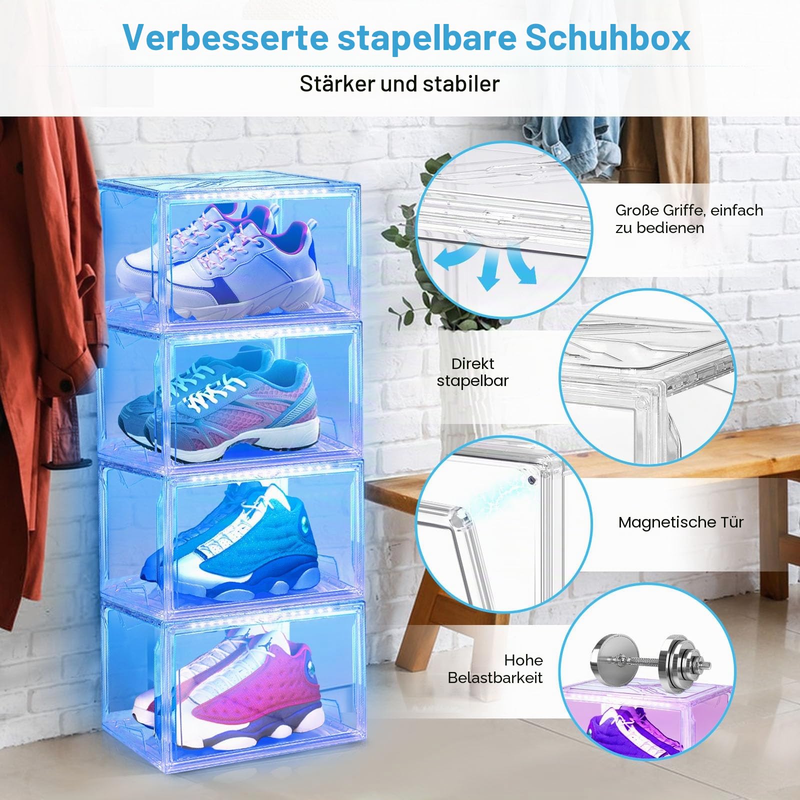 Oltraman LED Schuhboxen Stapelbar, 2er Set, Schuh-Organizer aus Kunststoff, Schuhaufbewahrung Platzsparend, Musik Sound-aktiviert und Fernbedienung, Transparent