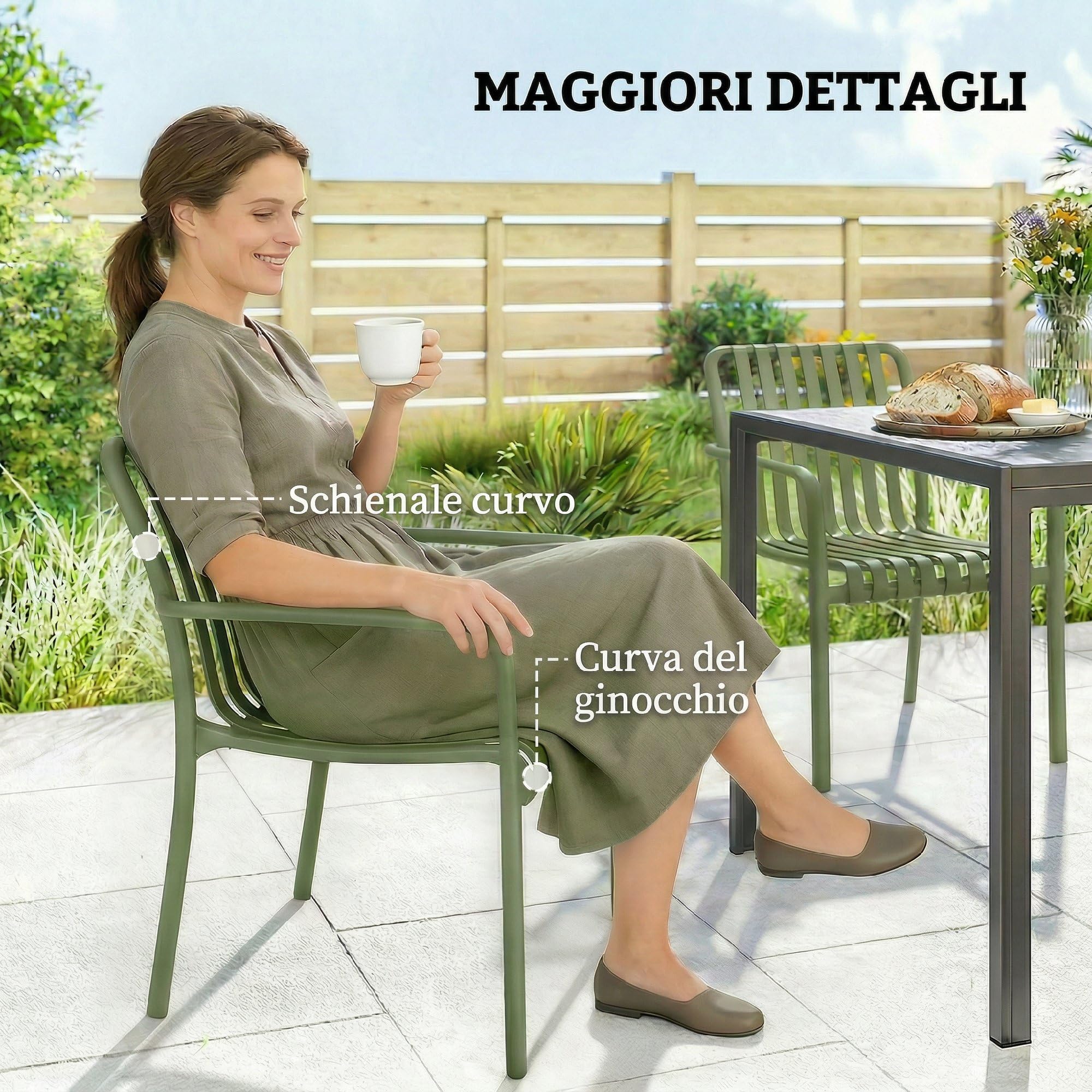 Outsunny Set 4 Sedie da Giardino Impilabili in PP Anti UV, Sedie per Esterno con Schienale Ergonomico, 55x58.5x81.5 cm, Verde