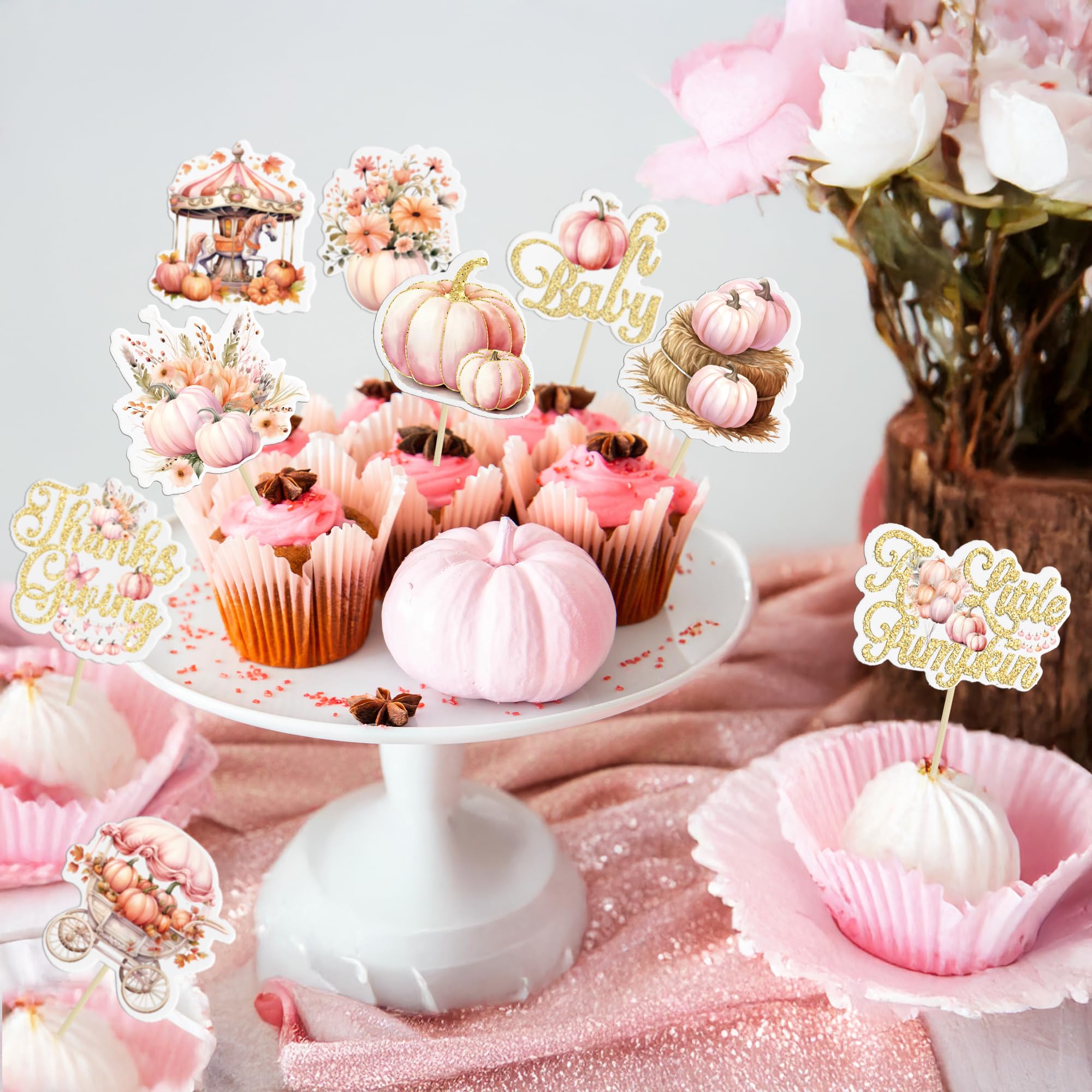 Gyufise 36Pcs Pumpkin Oh Baby Cupcake Toppers Little Pumpkin Baby Shower Cake Decorations Fall Floral Cake Topper Picks for Thanksgiving Halloween Gender Reveal Party Supplies Pink - Image 4