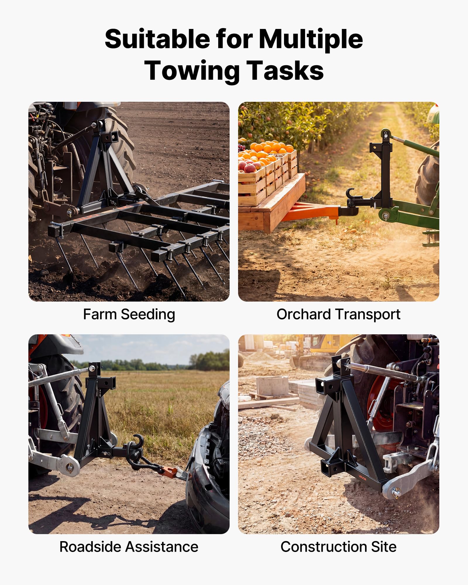 VEVOR Attelage de Remorque 3 Points avec 2 Récepteurs 50,8 mm Triangle d'Attelage, Adaptateur de Remorquage pour Tracteur Catégorie 1, Compatible avec Kubota, John Deere, Ford, Massey Ferguson, Yanmar