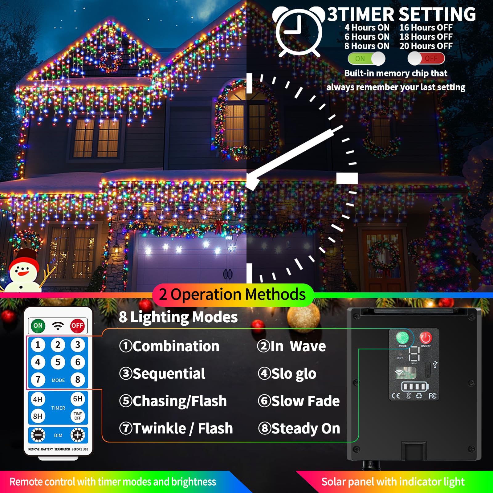 RJEDL Outdoor Solar Christmas Icicle Lights 18+5m/75.5ft 600 Led Solar Icicle String Lights with USB Port & Remote Control Solar Hanging Lights Waterproof for Outside Backyard Balcony Decor - Image 4