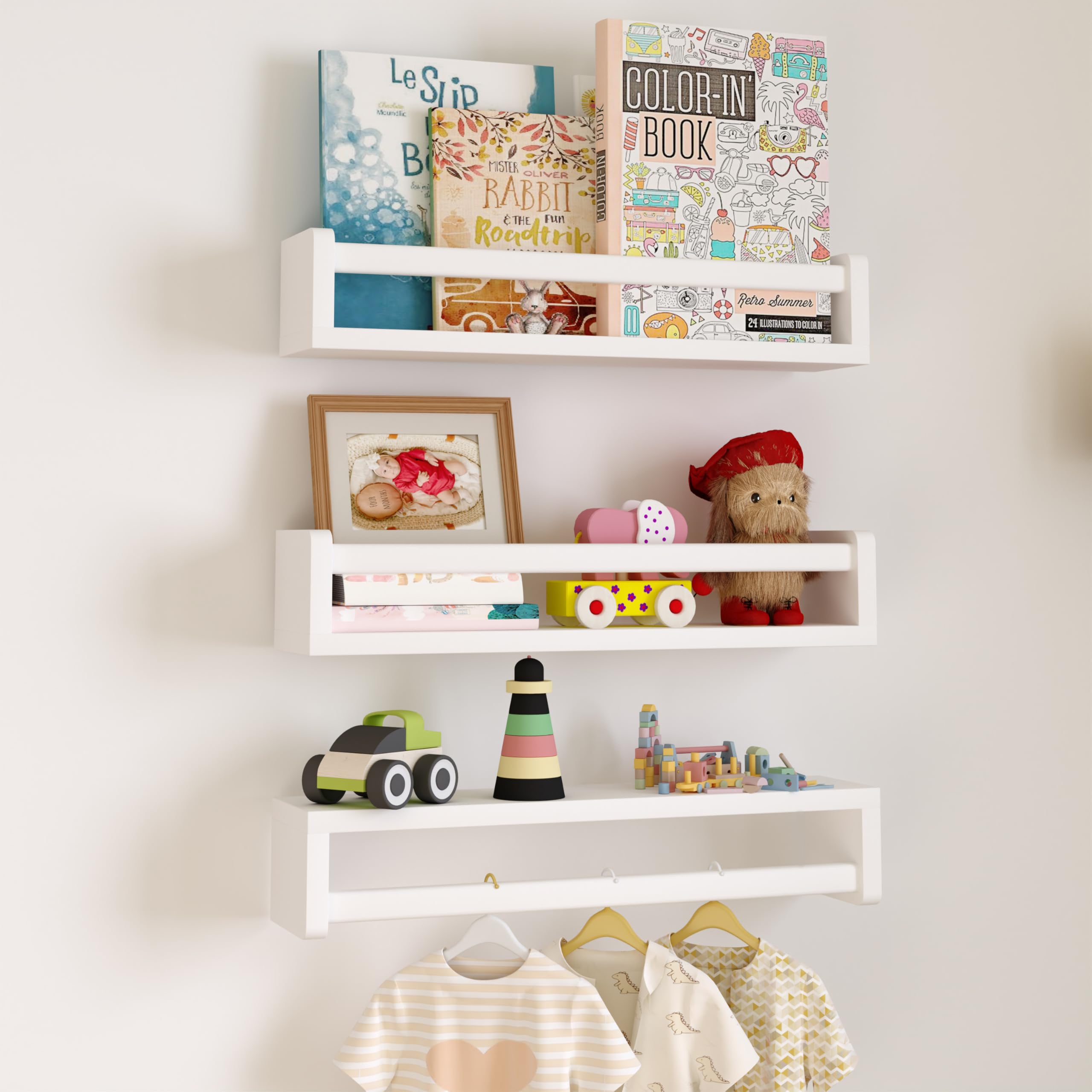 Heimlove Nursery Floating Shelves, White Nursery Book Shelves for Wall, 16 inch Wall Bookshelf for Kids Solid Wood Shelves for Books,Toys and Decor