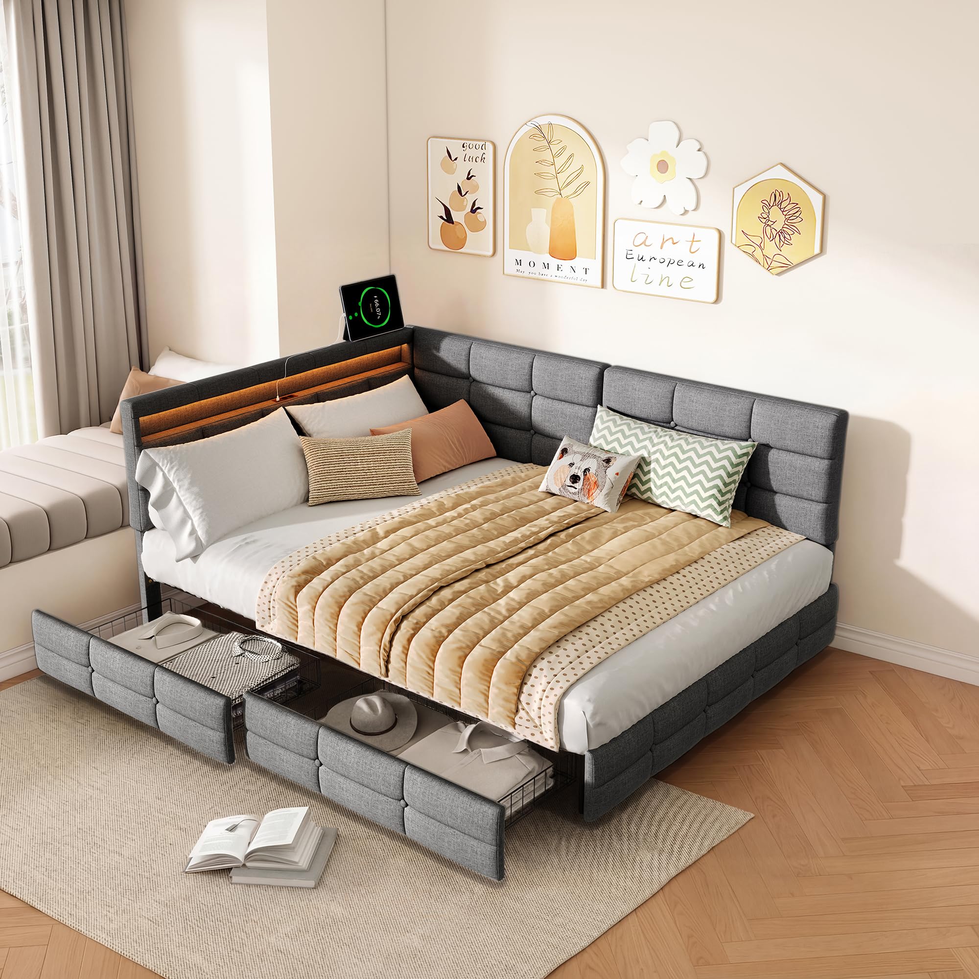 Letto Matrimoniale 140x200 con Testiera a L, Letto Imbottito con Luci LED RGB, USB e Presa di Ricarica, 2 Cassetti Estraibili, Struttura, Letto per ragazzi, Lino, Grigio
