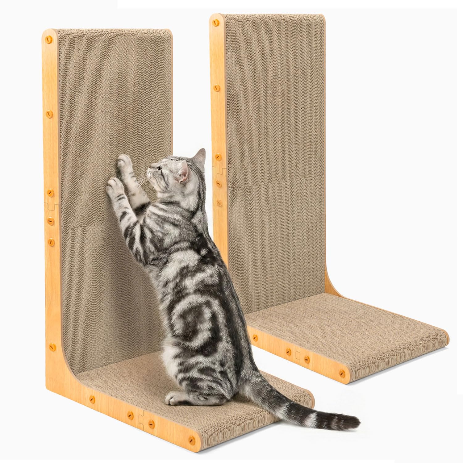 Conlun Kratzpappe für Katzen, 66 cm L-förmige Kratzunterlage wandmontiert, senkrechter Kratzbaum aus strapazierfähiger Pappe zum Möbelschutz für Wohnungskatzen, Holzmaserung Junbo (2er-Pack)