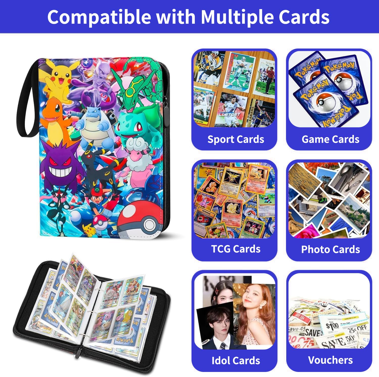 4 Pocket Card Binder Holds 480 Cards, Trading Card Binder Folder with 60 Double-Sided Removable Sleeves - Image 4