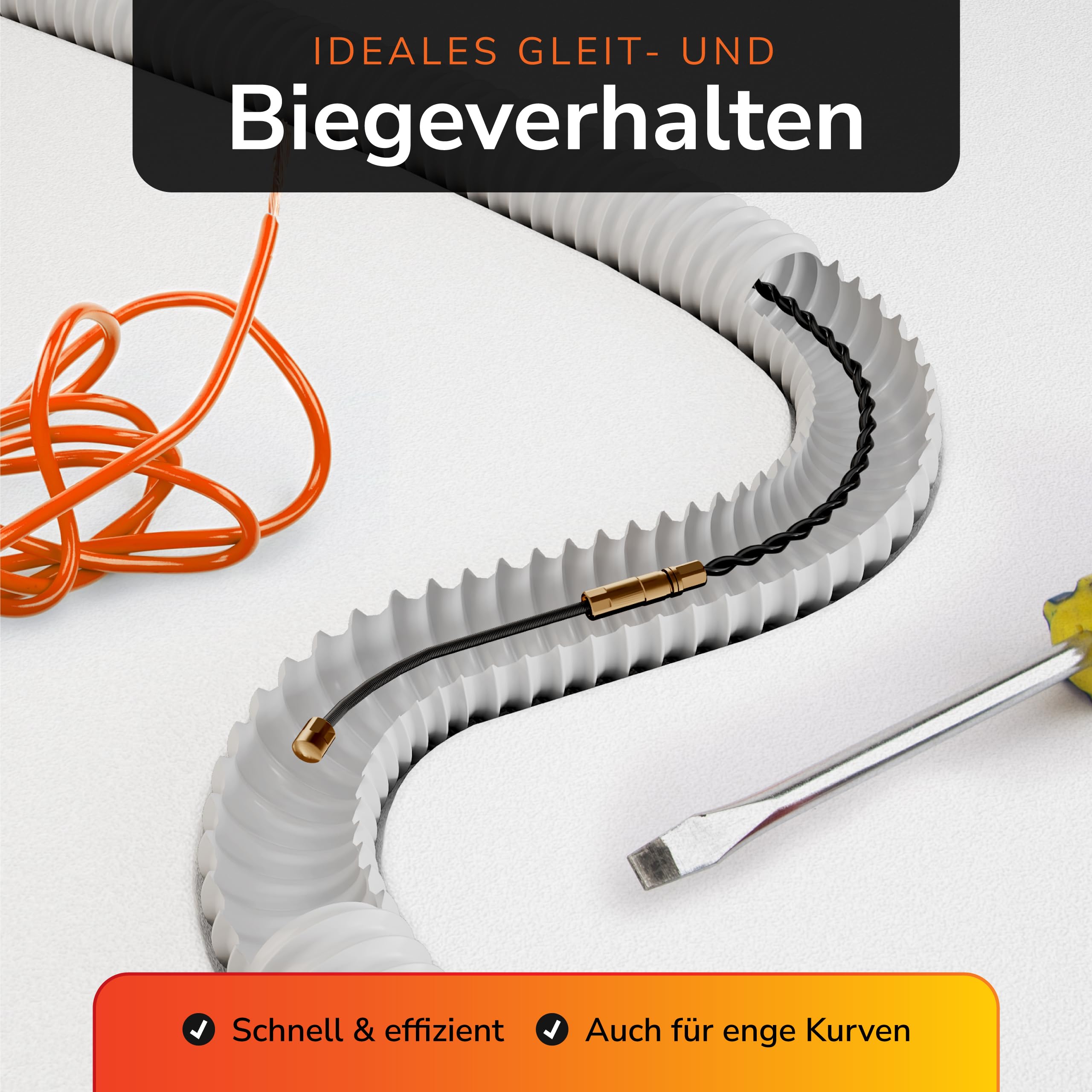 Kabeleinziehhilfe 30m – Flexible Einziehfeder und Zugdraht für Leerrohre – Kabelziehhilfe inkl. 5 Adapter – Langlebige Kabel Einzugshilfe für Elektroarbeiten – Hochwertige Einziehspirale