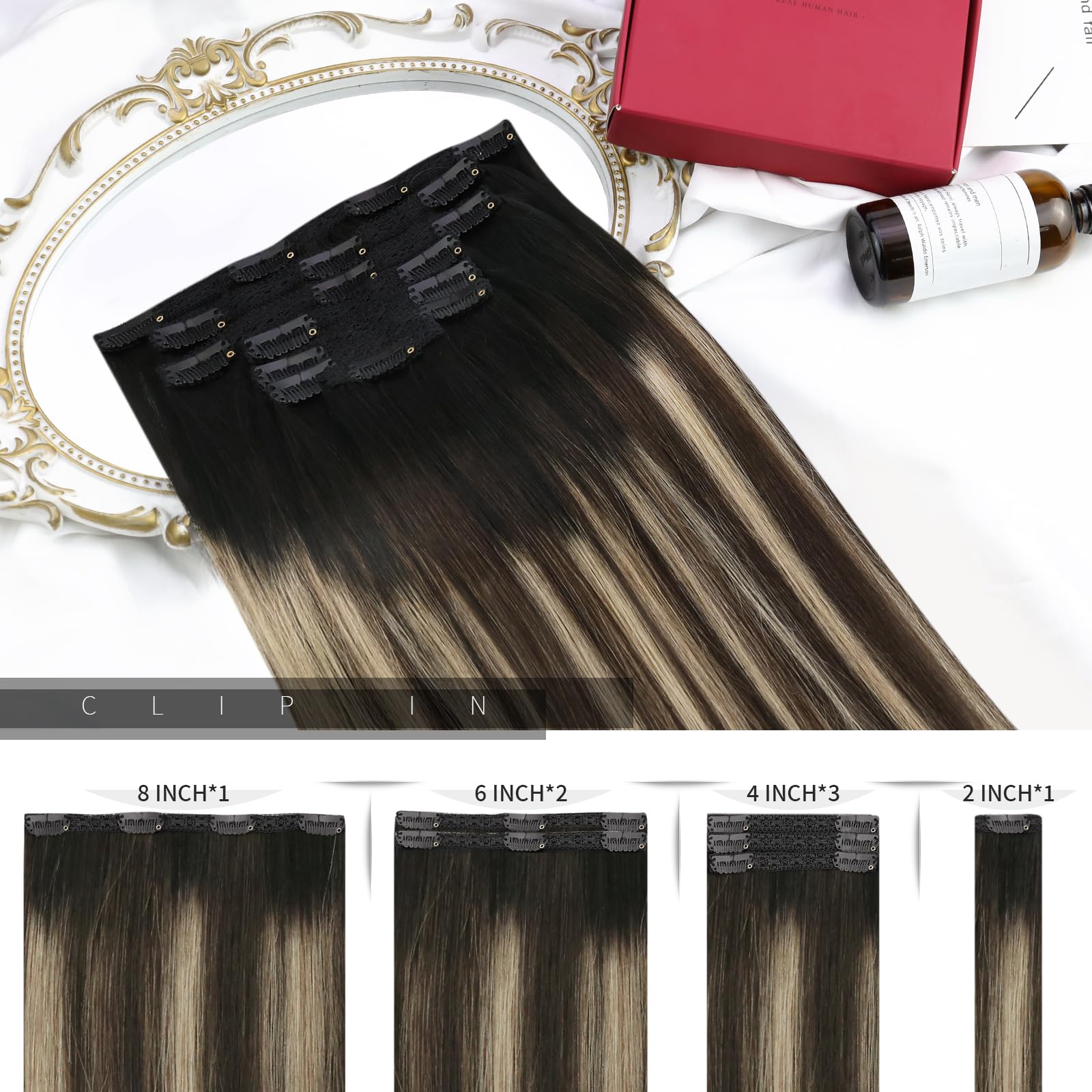 Moresoo Clip in Hair Extensions Real Human Hair Balayage Hair Extensions Clip in Natural Black to Dark Brown with Caramel Blonde Human Hair 22 Inch 7 Pieces/120g #1B/3/27 - Image 3