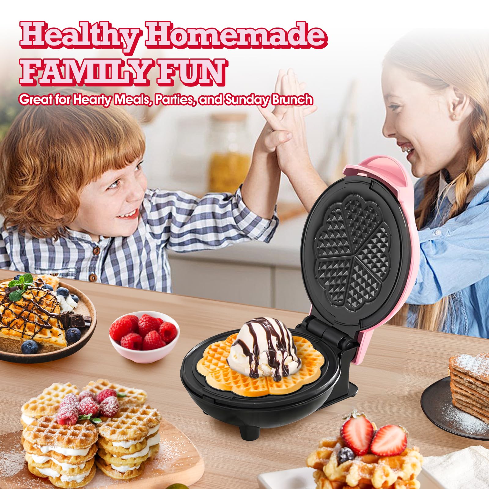 Waffeleisen (Herz), kleiner Waffelmacher, Keto, Mini-Waffeleisen für Kinder, Familie und Einzelpersonen, 17,8 cm, antihaftbeschichtete Kochplatten mit schneller und gleichmäßiger Erwärmung
