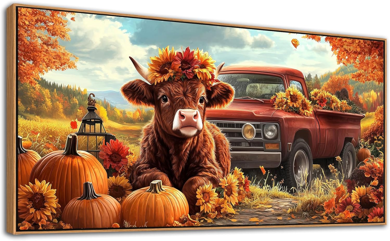 (Similar )QZQCBLC Large Fall Wall Art - Orange Retro Farm Landscape Paintings Artwork Red Truck Cute Cow Pumpkins Sunflowers Rustic Autumn Canvas Picture for Living Room Bedroom Office Home Decor 24\"X48\" 48\"L x 24\"W Brown and Orange