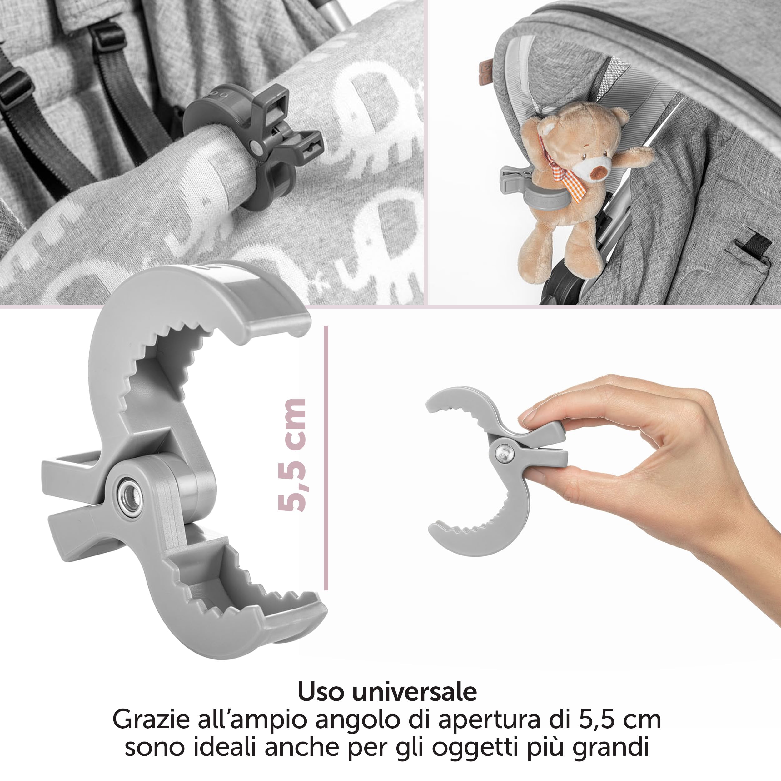 Zamboo Set di Mollette Passeggino - Pacco da 6 Ganci Passeggino Universali per il Fissaggio Facile e Veloce di Accessori Passeggino - Bianco Grigio