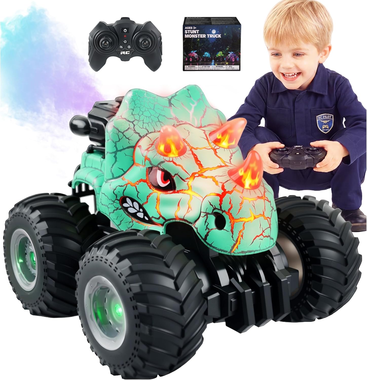 BEZGAR 1:18 Scale Monster Truck Toys, 4WD RC Cars with Music, Mist Spray & LED Light, 360° Stunt Spins RC Truck Dinosaur Toys with 2 Batteries, Remote Control Car for Boys 4-7(Green)