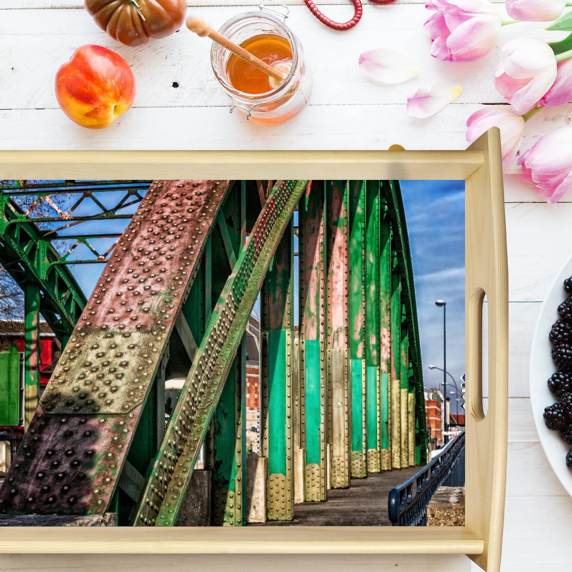 11559 Holz-Tablett | Motiv Industrie Brücke | Servier-Tablett für jeden Anlass | Maße: 48 x 36 cm