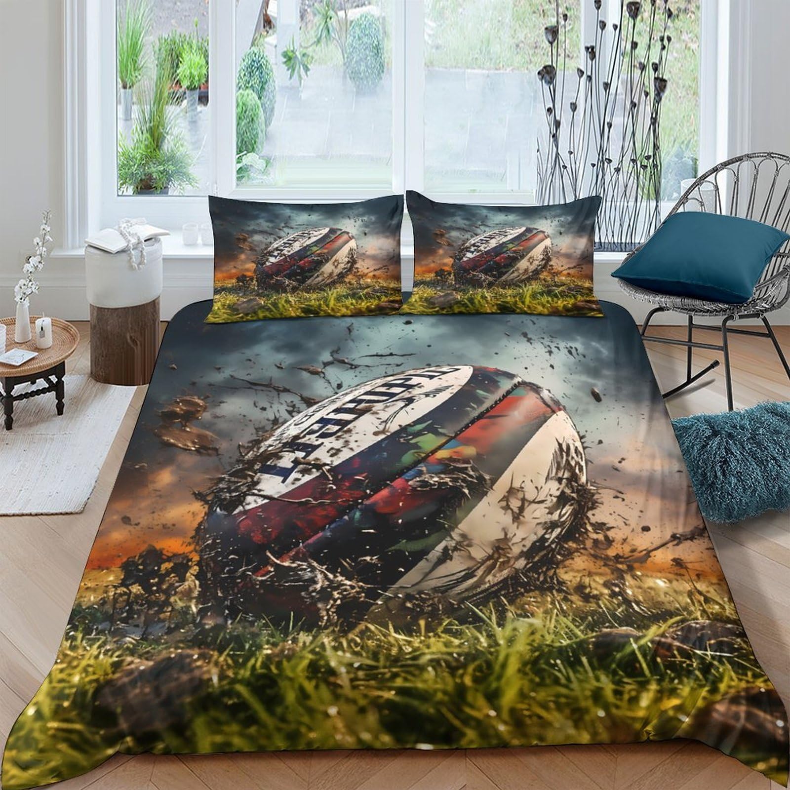 GPLZQXKJNH 3D Printed Rugby Ball Duvet Cover Set Microfiber Soft Breathable Grass Field Bedding Set with 2 Pillowcases for Bedroom Decor Single（135x200cm）