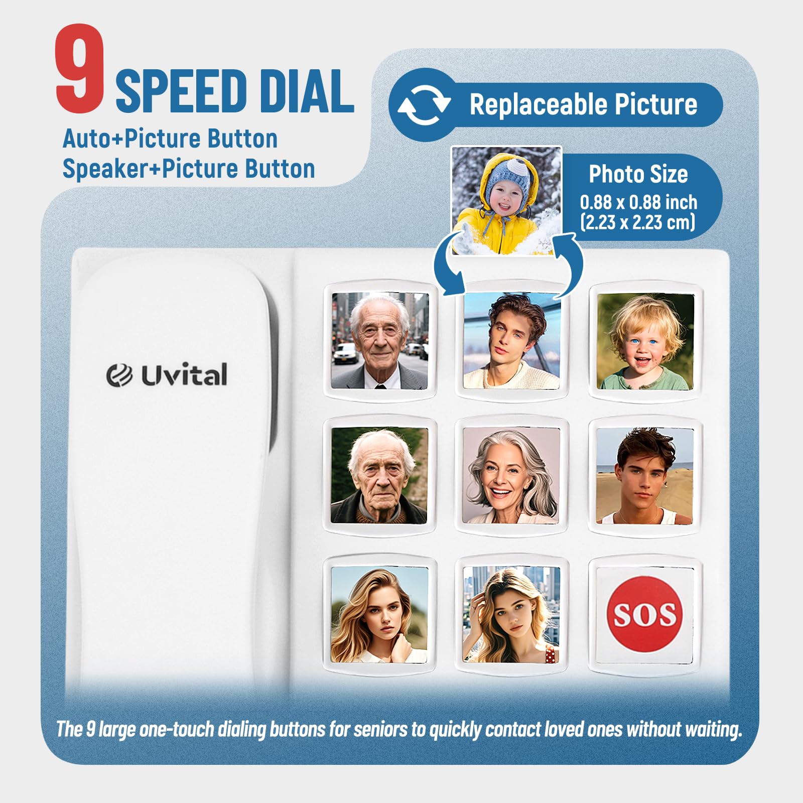 Uvital Telefono con pulsante grande per anziani, telefoni fissi con filo per anziani con 8 pulsanti grandi e 1 pulsante di emergenza SOS, vivavoce, suoneria forte, facile da usare