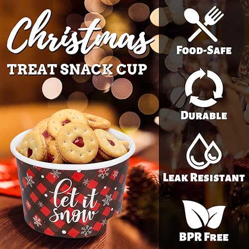 Miniatura 4 de Whaline 50 tazas de aperitivos de Navidad desechables a cuadros negros y rojos, cuencos de papel de helado de 9 onzas, copos de nieve de Navidad,