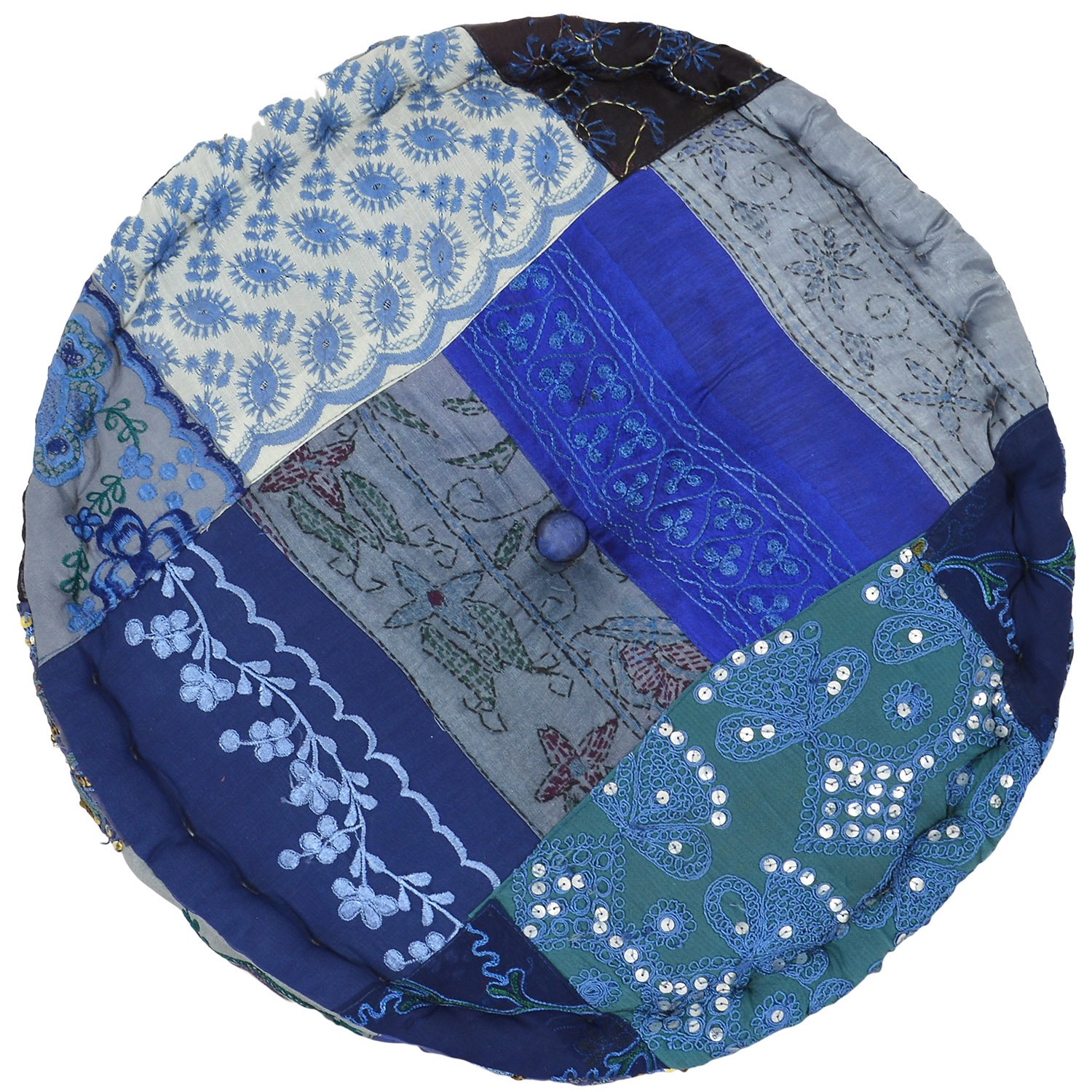 Chic & Comfort My Home MY Lifeâ€¦. Aditi Impex Handicrafts Asorted Embroidery Petch Work Round Yoga Gaddi (40 cm x 40 cm x 10 cm) Blue