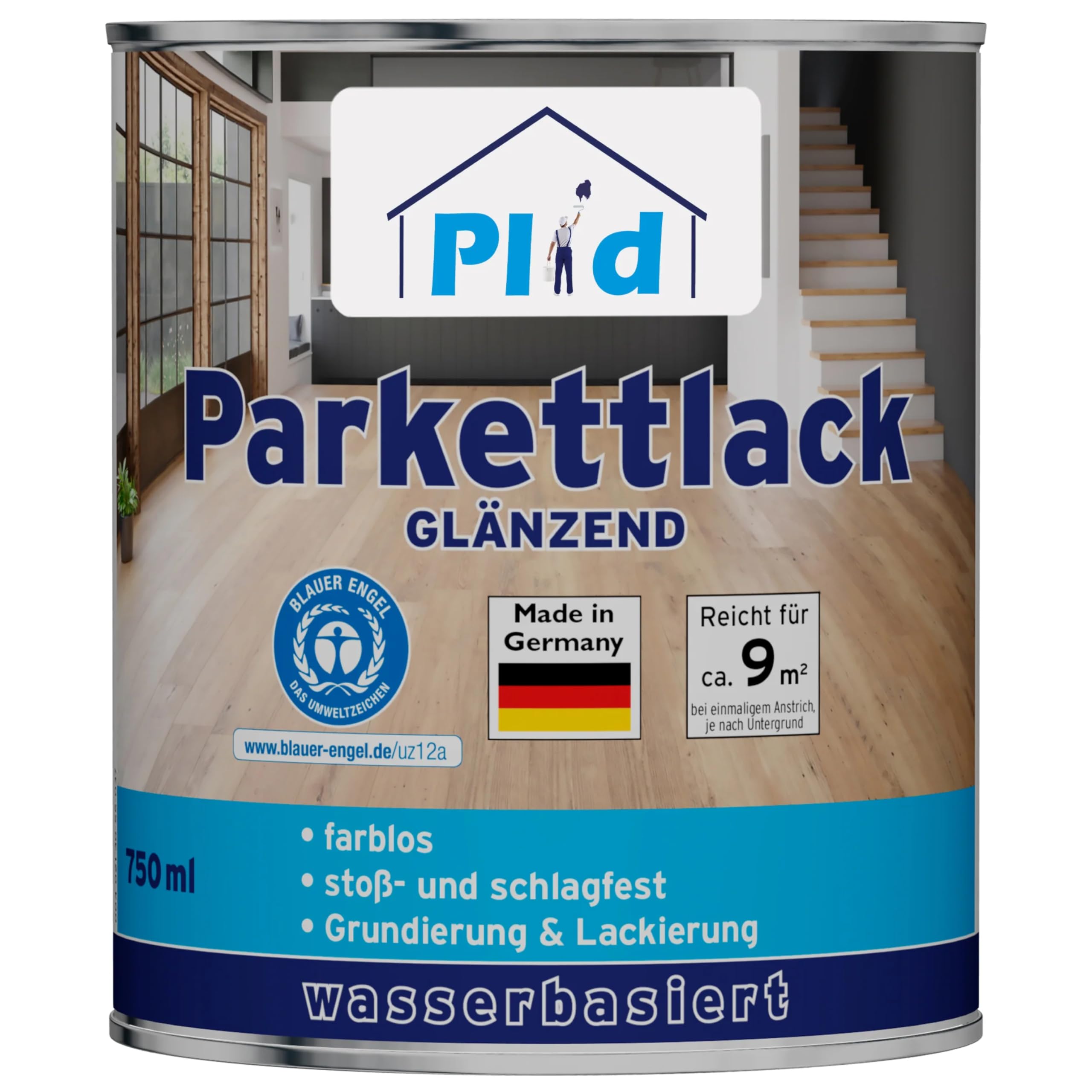PLID® Vernice Trasparente per Parquet - Lucida, ideale per sigillare pavimenti in sughero, parquet e legno, scale e mobili da interno. Resistente agli urti e durevole. Made in Germany 0,75L