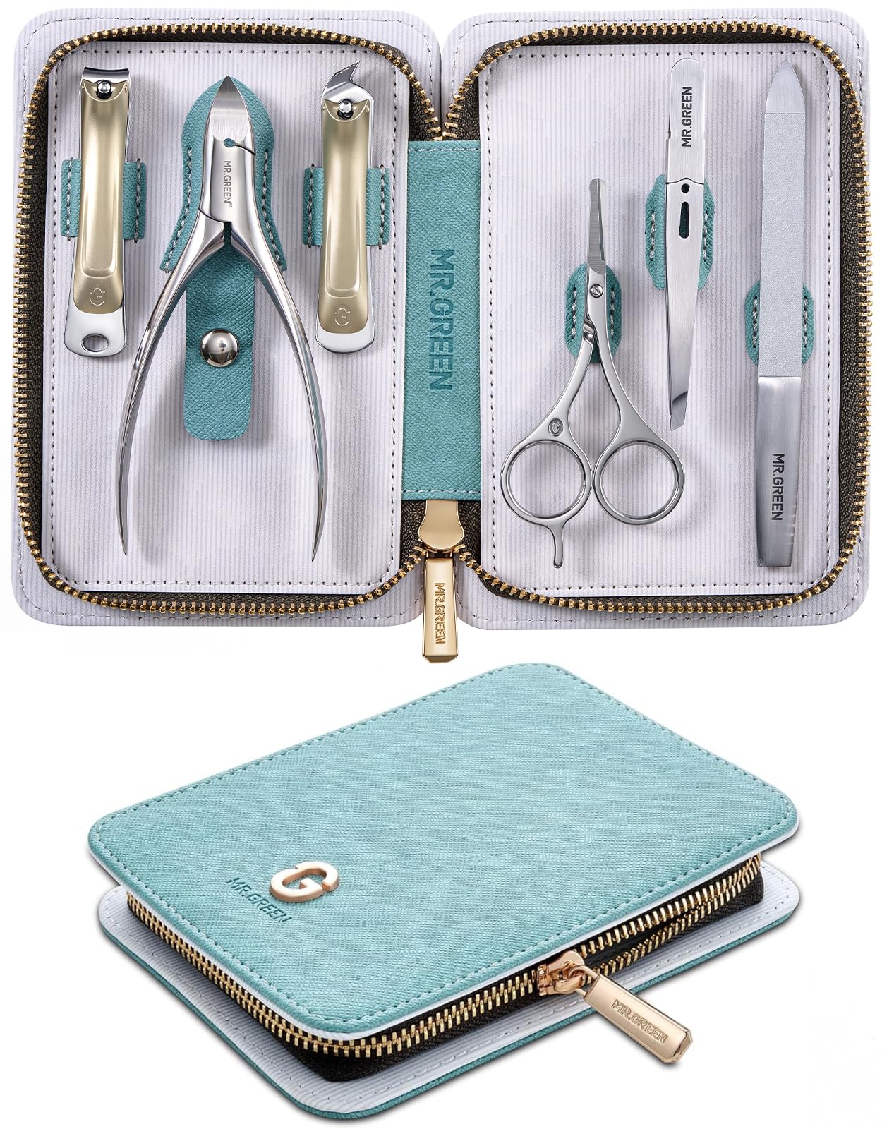 MR.GREEN Cortaúñas 6 en 1 para hombres y mujeres, kit de manicura y pedicura de acero inoxidable, juego profesional de cortaúñas de manos y pies, kit de aseo de uñas simplificado y práctico con funda