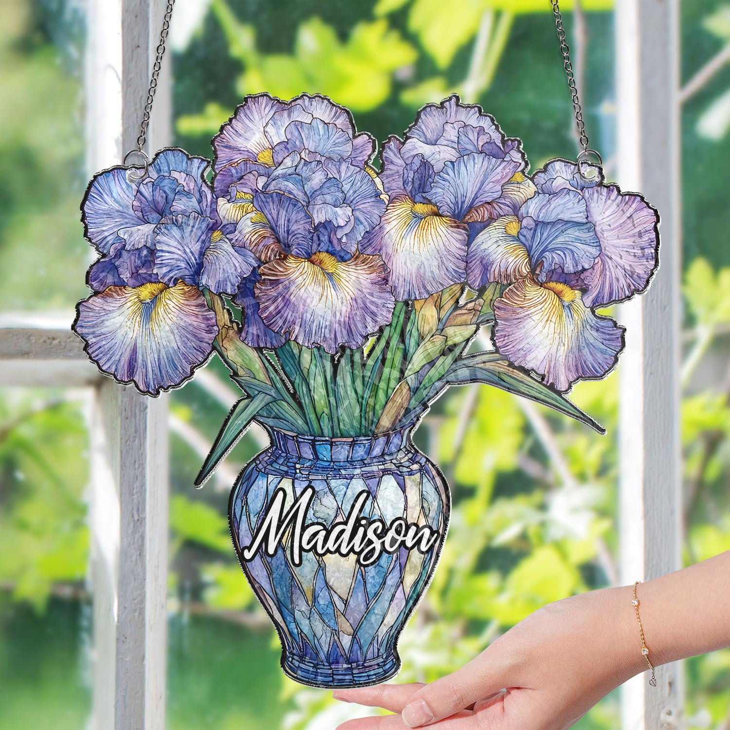 Iris Suncatchers for Windows Hanging, Personalized Birth Month Flower Sun Catchers Indoor Window Decor, Everlasting Iris in Vase Christmas Ornaments, Birthday