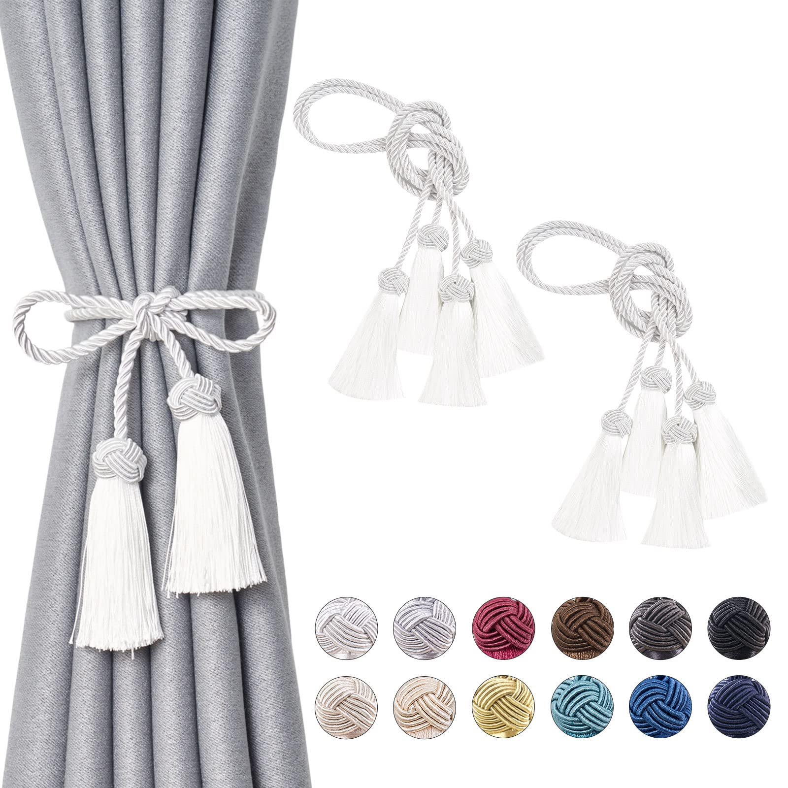 NICEEC 4 Pack Double-Ended Tassel Curtain Tiebacks Handmade Braided Rope Knot Drapery Holdbacks European Style Decorative Curtain Tie Backs for Home &
