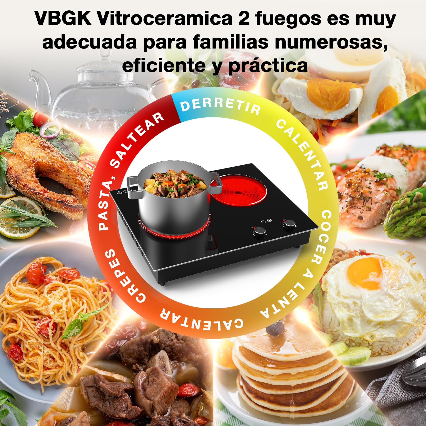 VBGK vitrocerámica 2 fuegos,3000W Empotrable y de sobremesa vitrocerámica 2 fuegos，9 niveles de potencia, temporizador y bloqueo de seguridad para niños.