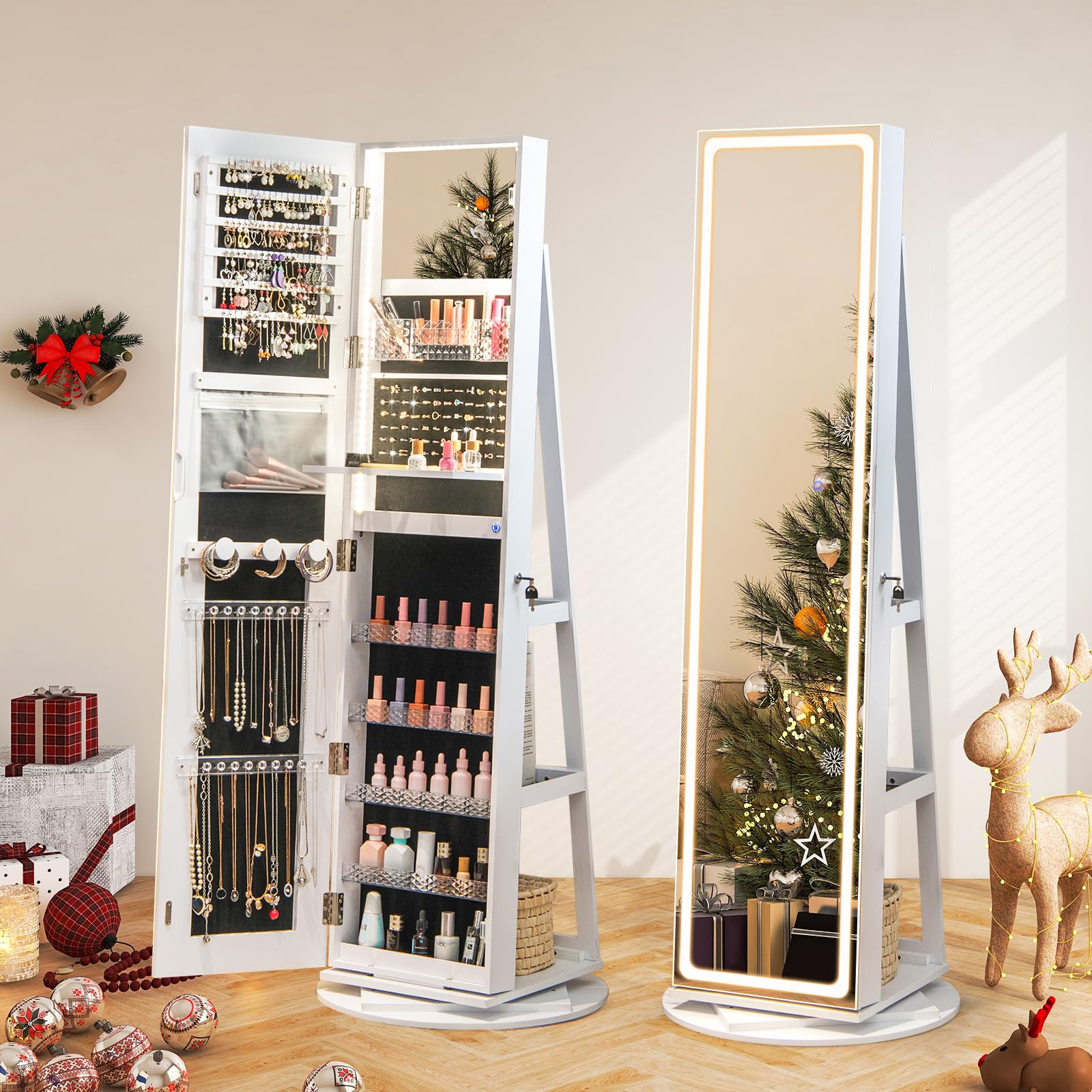RELAX4LIFE Armario Joyero con Base Giratoria 360°y Espejo Cuerpo Entero, Espejo Joyero de Pie con Luces LED Luminosas, Organizador para Joyas y Accesorios (Blanco, 54,5x54,5x160 cm)