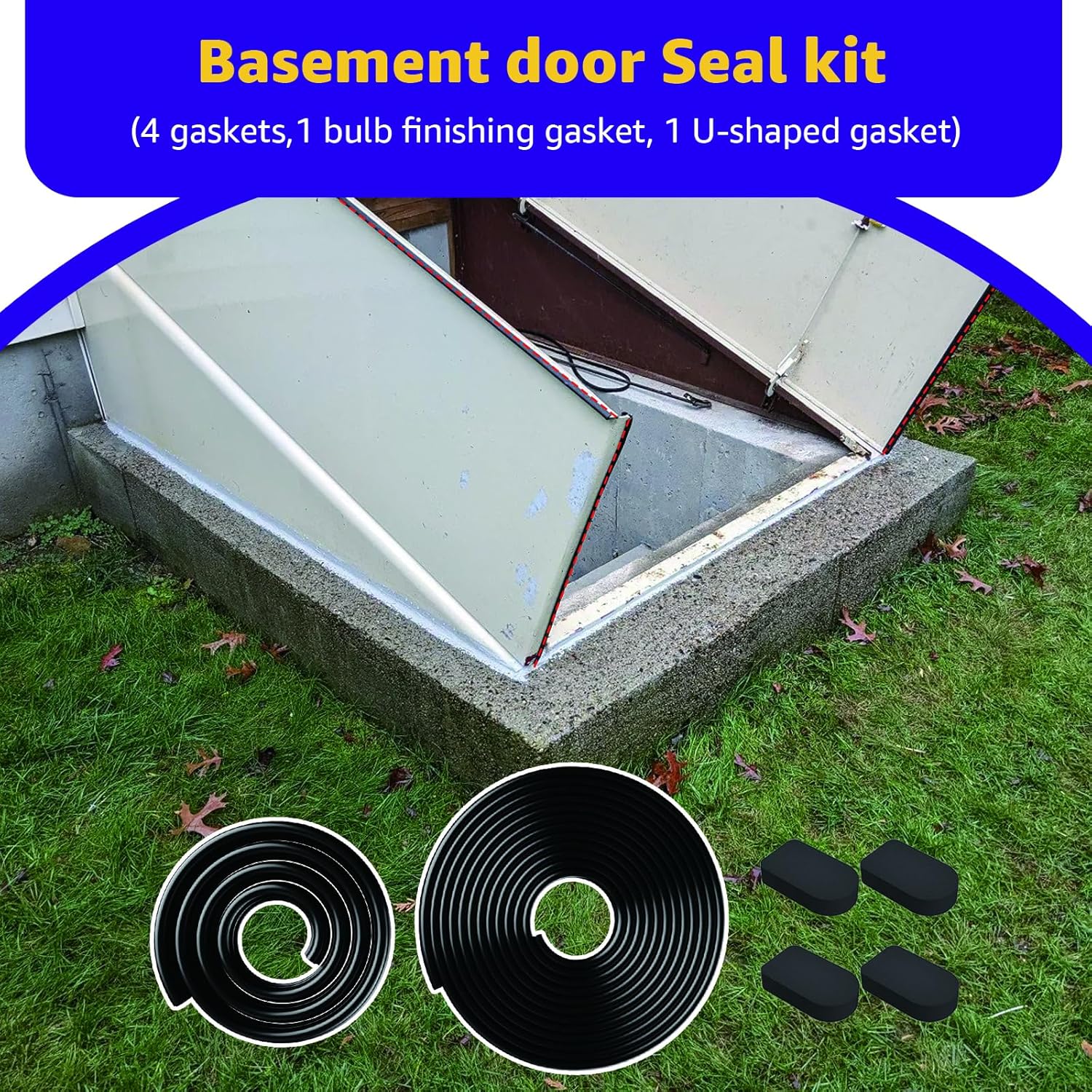 Compatible with Bilco Basement Door Weatherstrip Kit - 1 U Shaped Gasket, 1 Bulb Trim Gasket, 4 Cap Seal Pads Easy Installation, Replacement for Bilco Basement Door Seal Kit