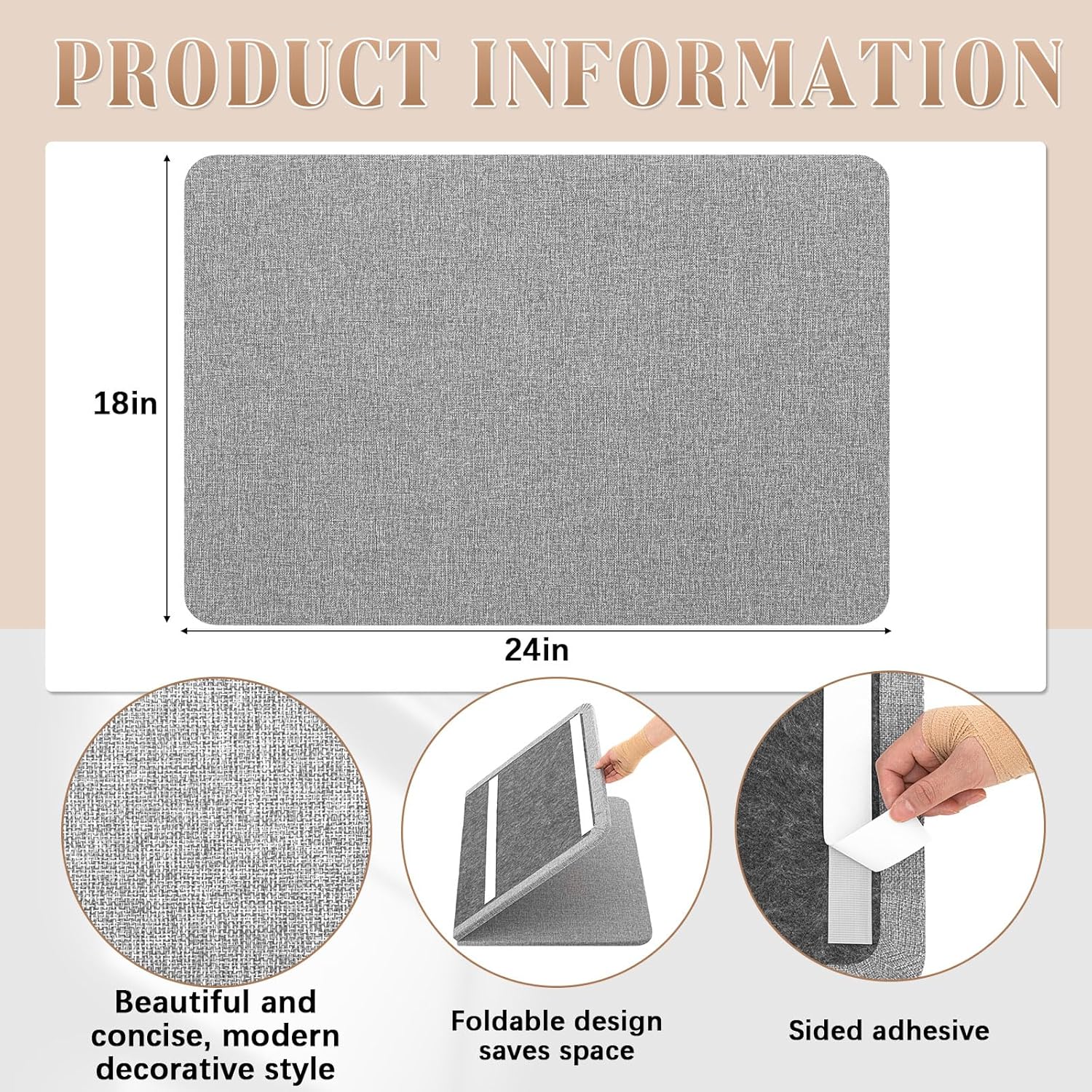 24"x 18" Linen Fabric Bulletin Board Pinboard for Walls Display Frameless Pinboard Display Notice Memory Board for Office Walls Home Kitchen Easy to Install(Grey)