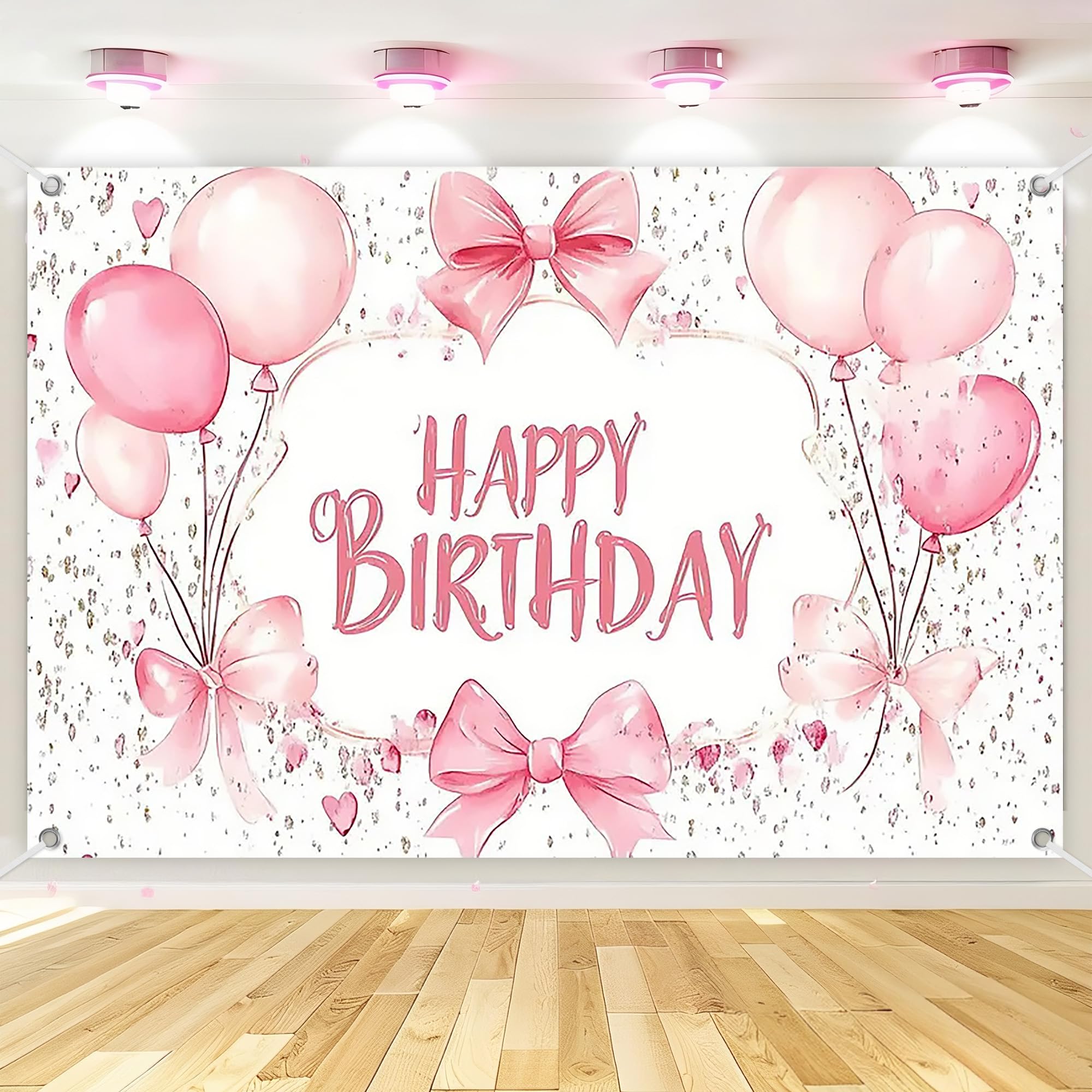 Pink Bow Happy Birthday Backdrop, Bow Happy Birthday Banner Decorations, Fabric Photo Background Decor Sign for Girls Women Bachelorette Party Baby Shower Decoration Background
