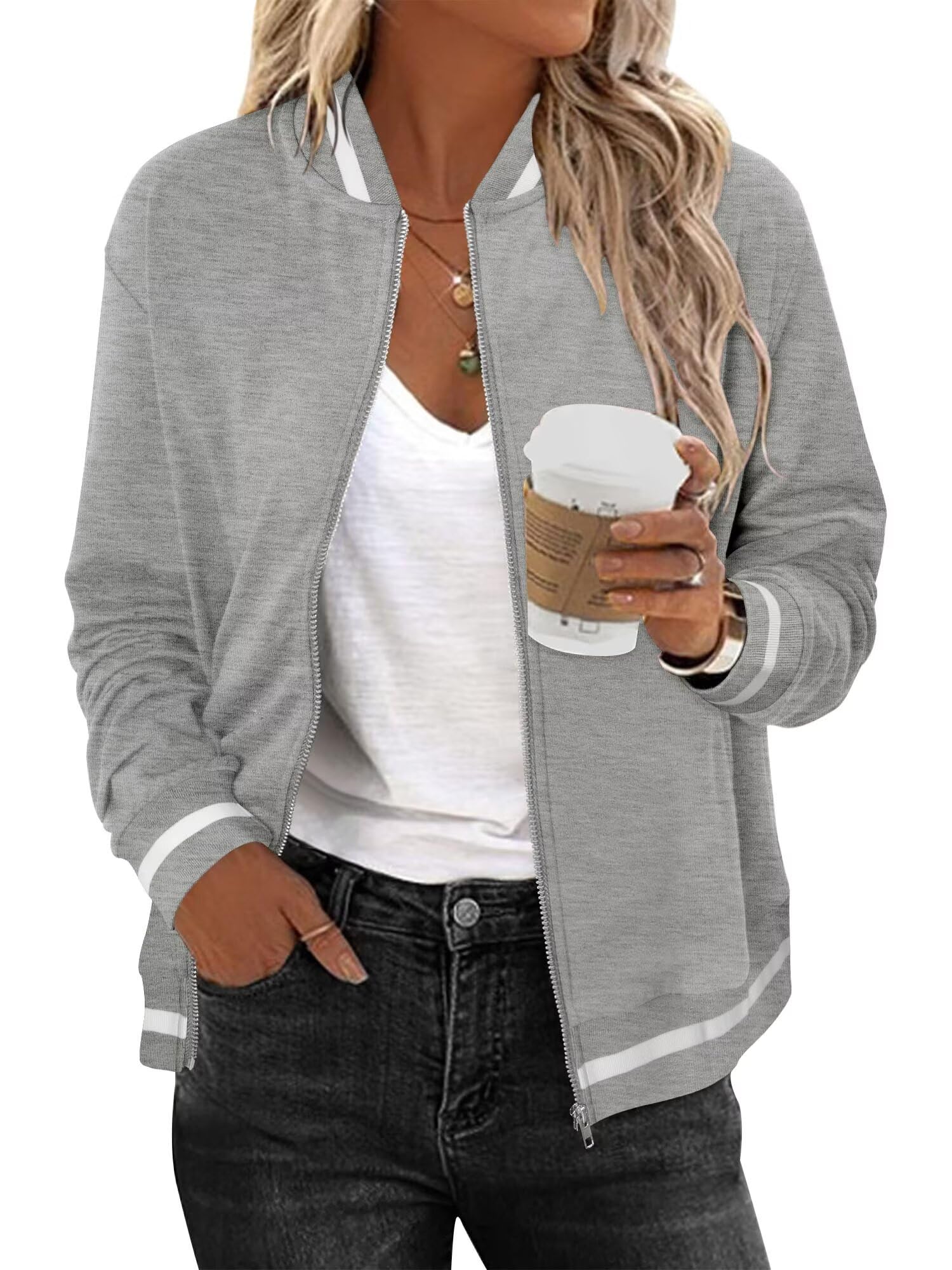 Photo 1 of KISSMODA Light Grey Jacket Zip Up Short Coat Lightweight Sports Jacket for Women Wind Proof Long Sleeve Clothes Casual Women Rain Coat 2026 Autumn Trendy M
