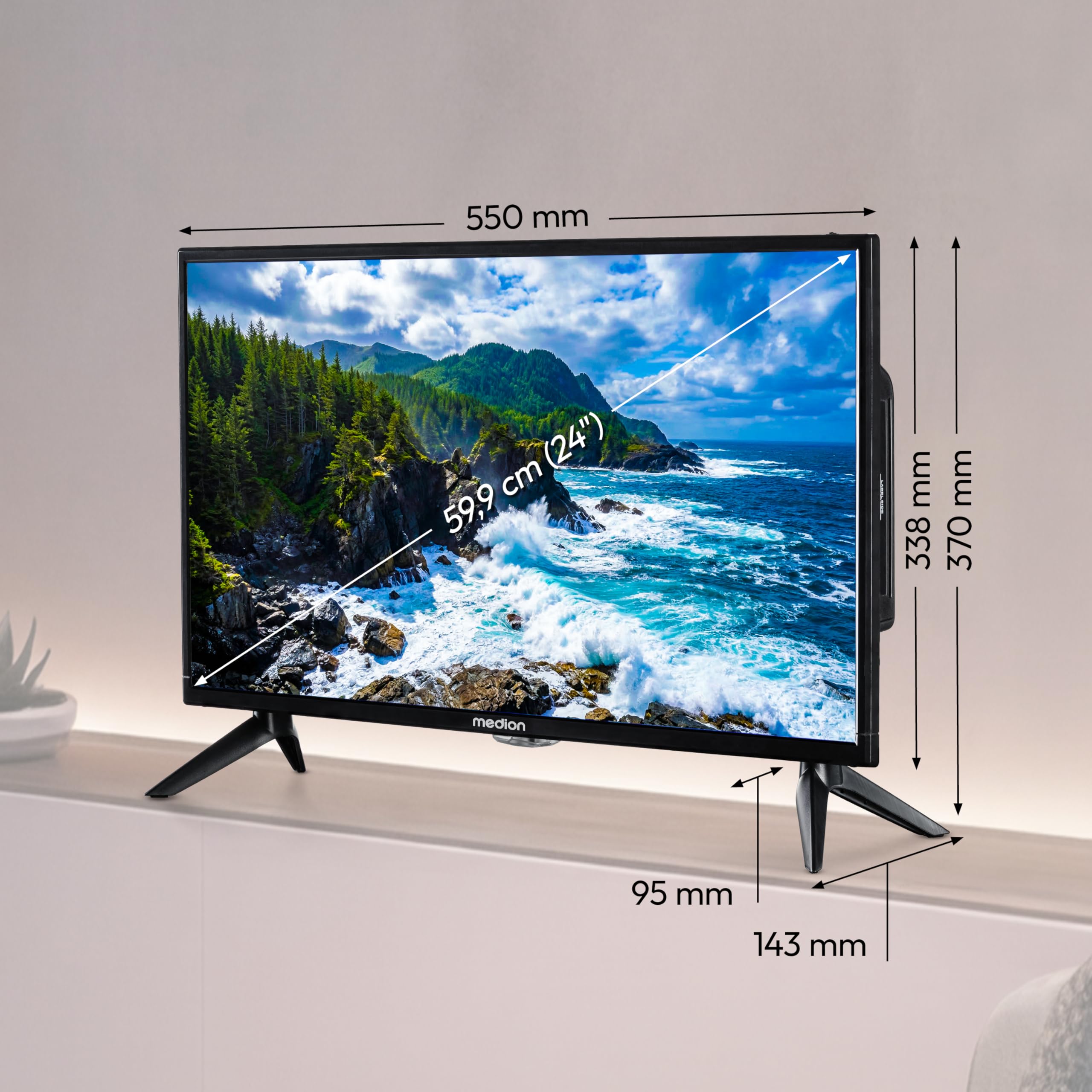 MEDION Televisor Full HD 59,9 cm (24 Pulgadas) (Ideal para Camping, Caravana, camión, jardín, Adaptador Coche 12V, Triple sintonizador, HDMI, USB), MD824000, Negro