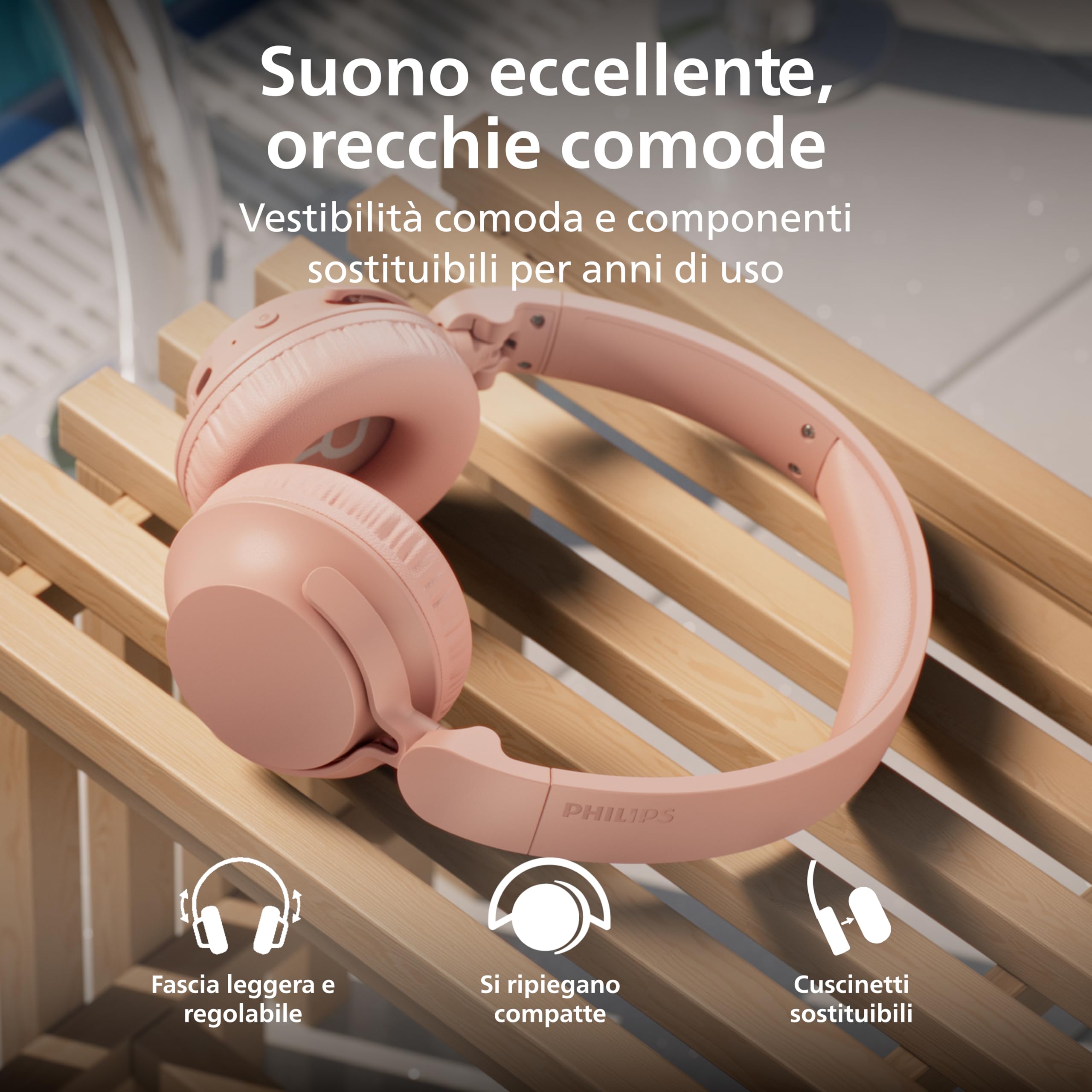 Philips TAH4000PK Cuffie wireless on-ear, 70h riproduzione, Bassi dinamici, Driver 32mm, Bluetooth6.0 Multipoint, Accoppiamento rapido, Cuscinetti/batteria sostituibili, Ripiegabili e leggere - Rosa