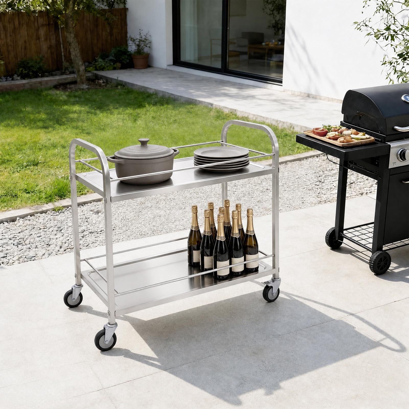 Carrito de cocina de acero inoxidable con 2 niveles para cocina, restaurante | Carrito de cocina con barandilla elevada para cocina, hotel, restaurante y catering