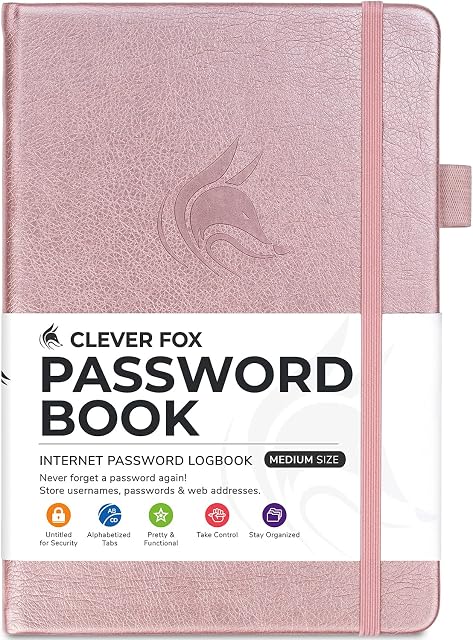 Clever Fox Password Book with tabs. Internet Address and Password Organizer Logbook with Alphabetical tabs. Medium Size Password Keeper Journal Notebook for Computer & Website Logins (Rose Gold)