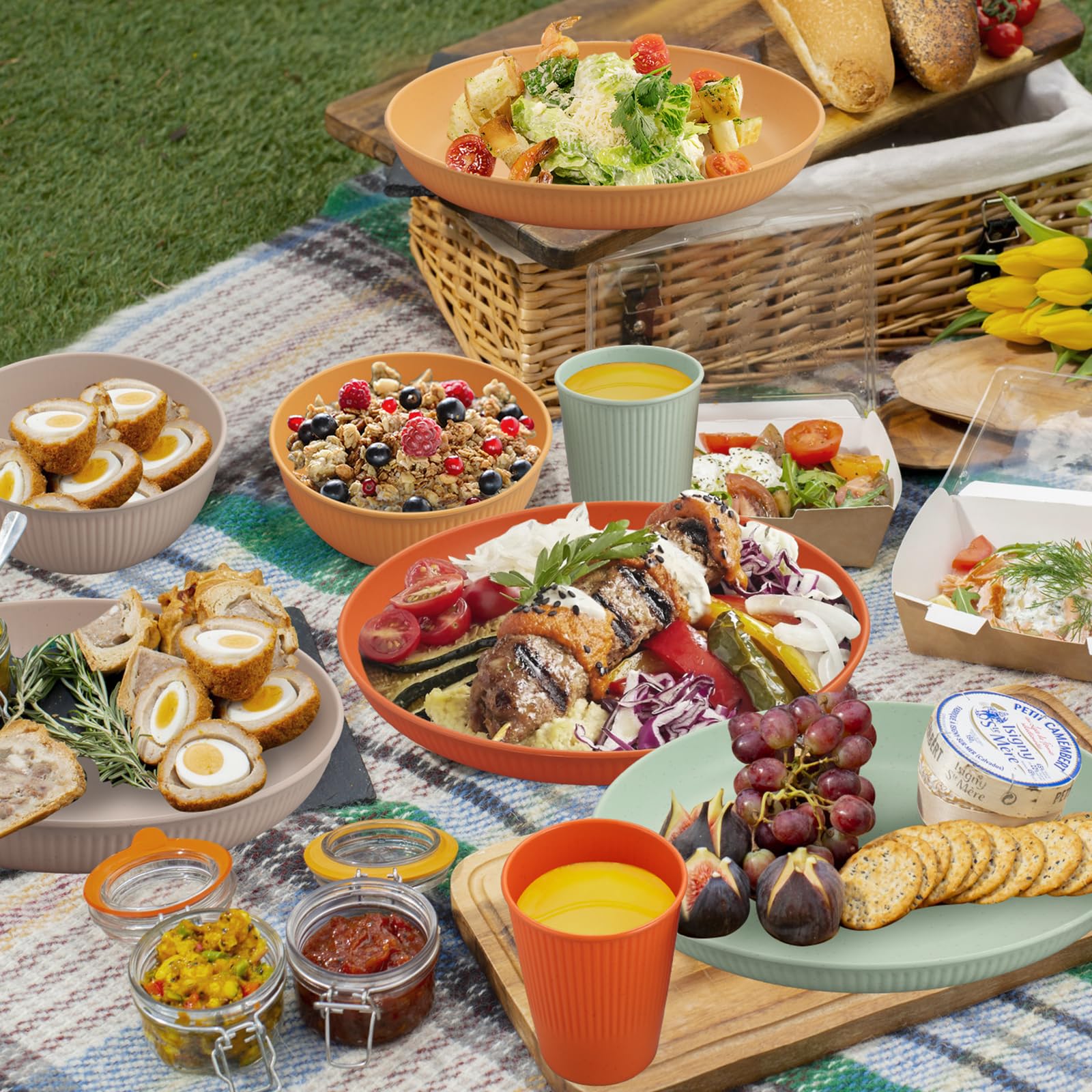 Tanice Juego de vajilla de plástico, 12 platos y cuencos para niños, platos de plástico para cocina y campamento al aire libre
