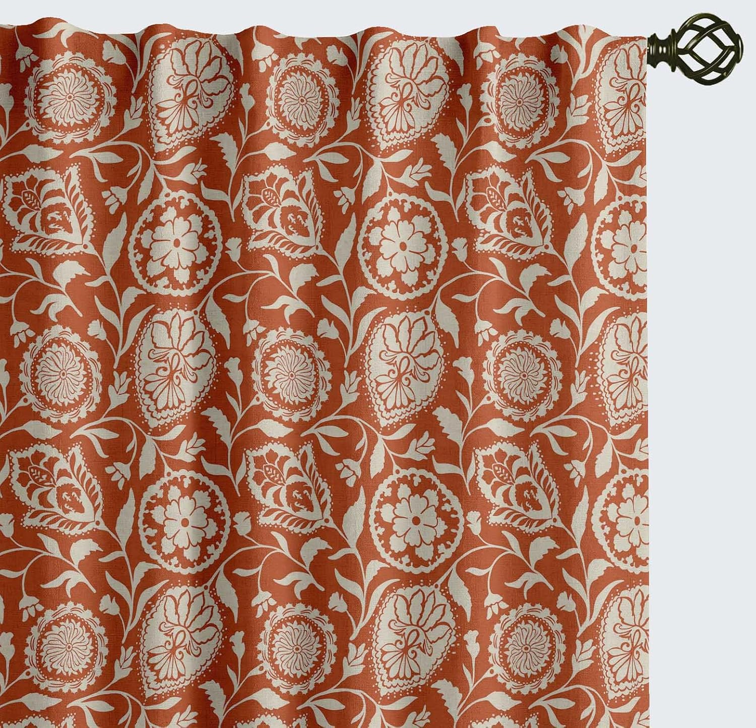 Cotton Curtains for Windows - 3-in-1 Rod Pocket/Back Tab Short Window Drapes - Light Filtering Cotton Canvas Panels - Set of 2, 52"x63" - Leaves Print (Orange)
