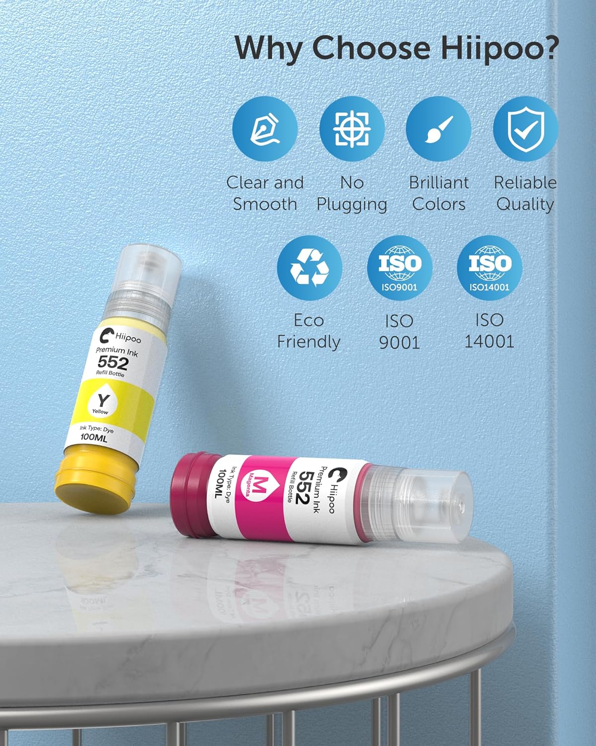 Hiipoo 600ml 552 Ink Replacement for T552 Ink Refill Bottles for Photo ET-8500 ET-8550 Wide-Format Supertank Printers (Not Sublimation Ink)