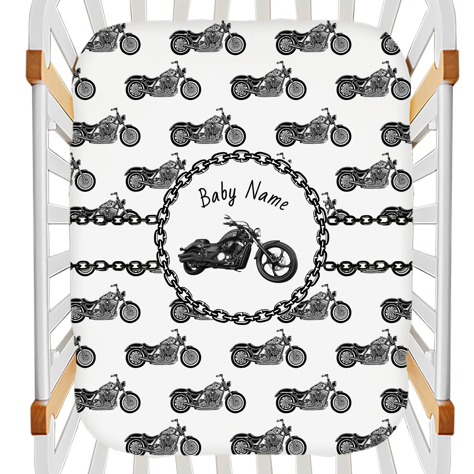 Personalized Motorcycle Pack and Play Sheets for Baby Boy, Customized Stretchy Pack n Play Sheets with Name, Mini Crib Sheets, Soft Breathable Playpen Playard Mattress Sheets, Mini Crib Sheets