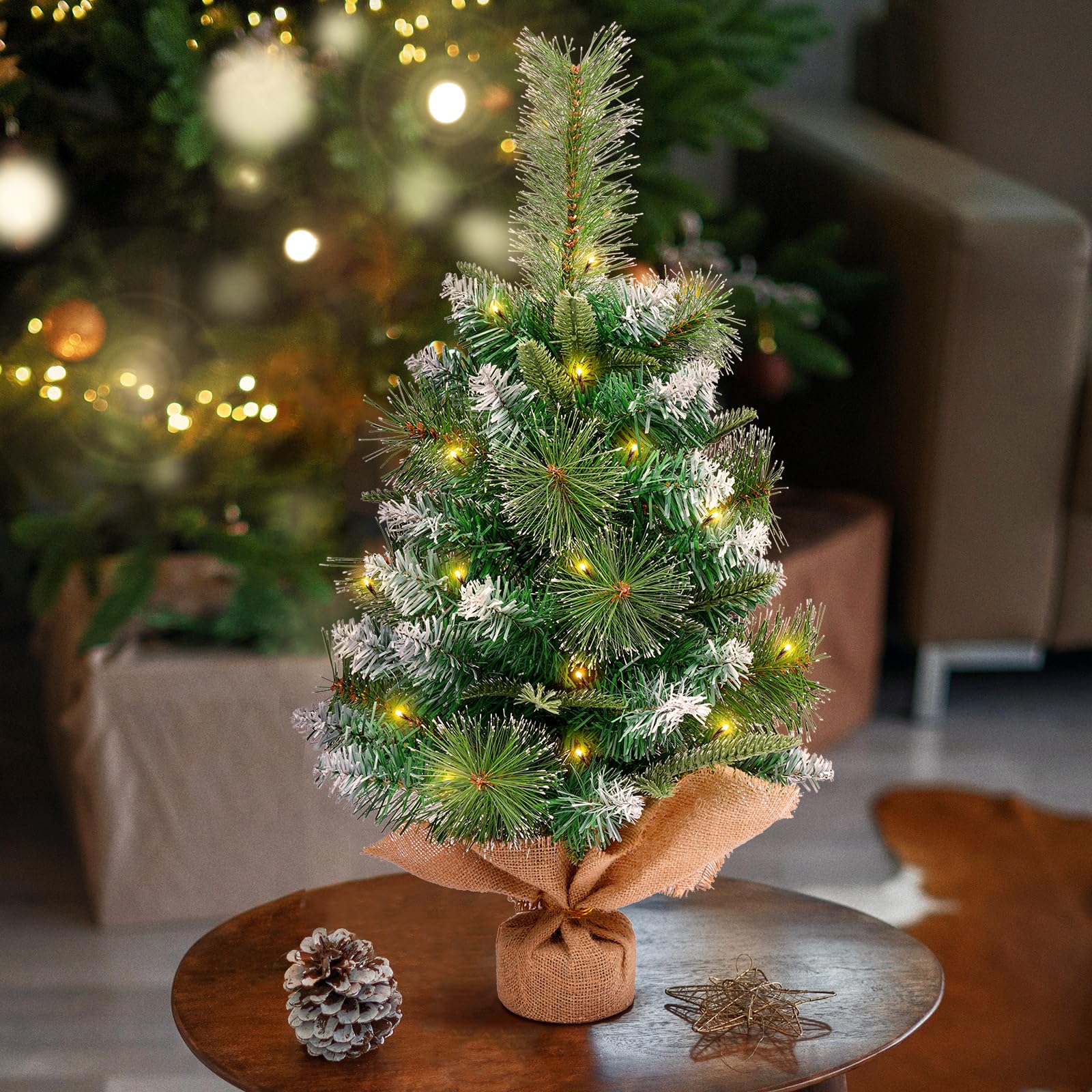 Árbol de Navidad Artificial pequeño de 60 cm con Base de Lino, para decoración de Mesa, hogar, Oficina, Cocina, Comedor, Escritorio