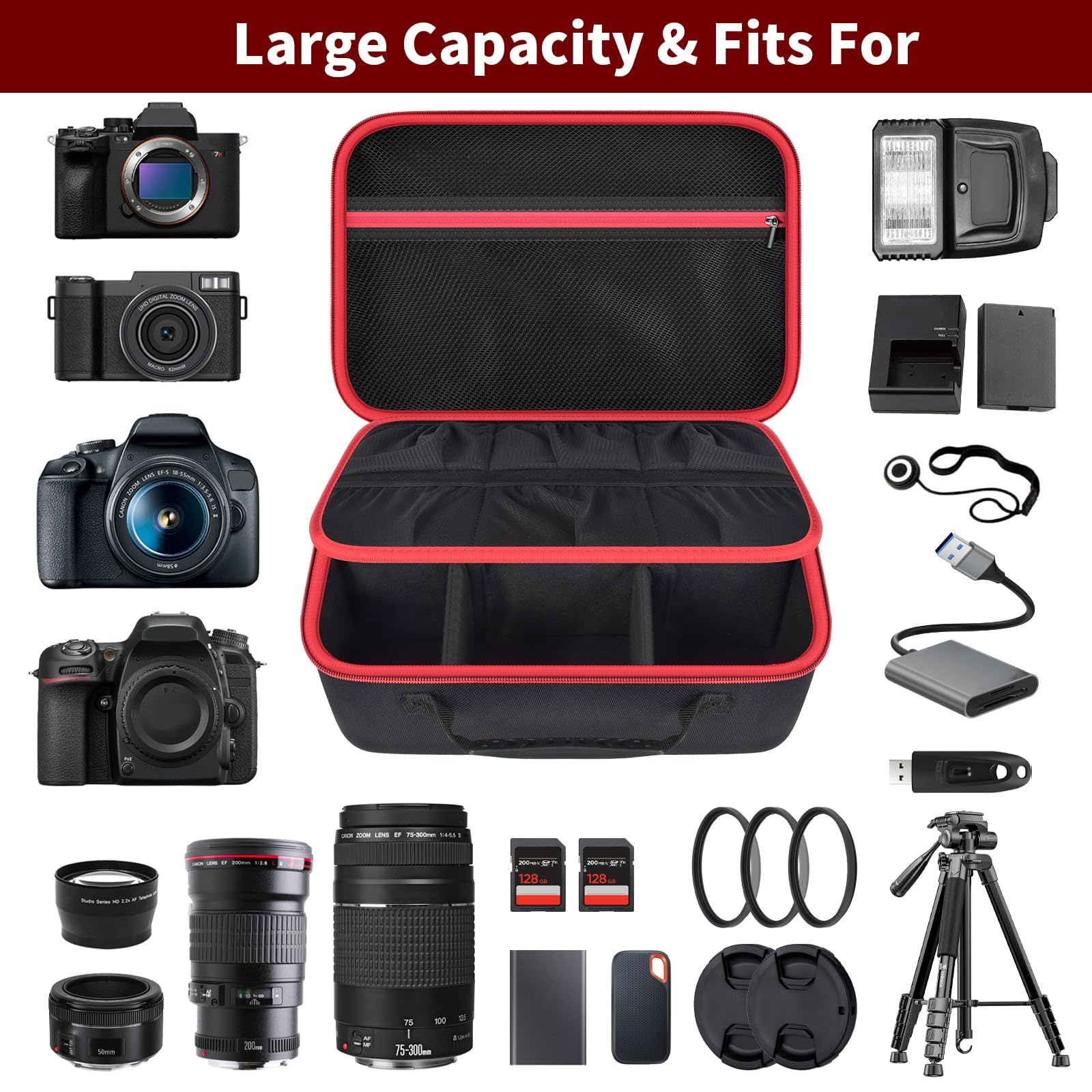 Custodia per fotocamera Canon EOS Rebel T7/R50/R6 Mark II/R100, per Sony Alpha 7 IV/ ZV-E10/ A6400/ A6700/A6100, per Nikon D7500 DSLR SLR, borsa per obiettivo/batteria/treppiede, con tracolla - solo